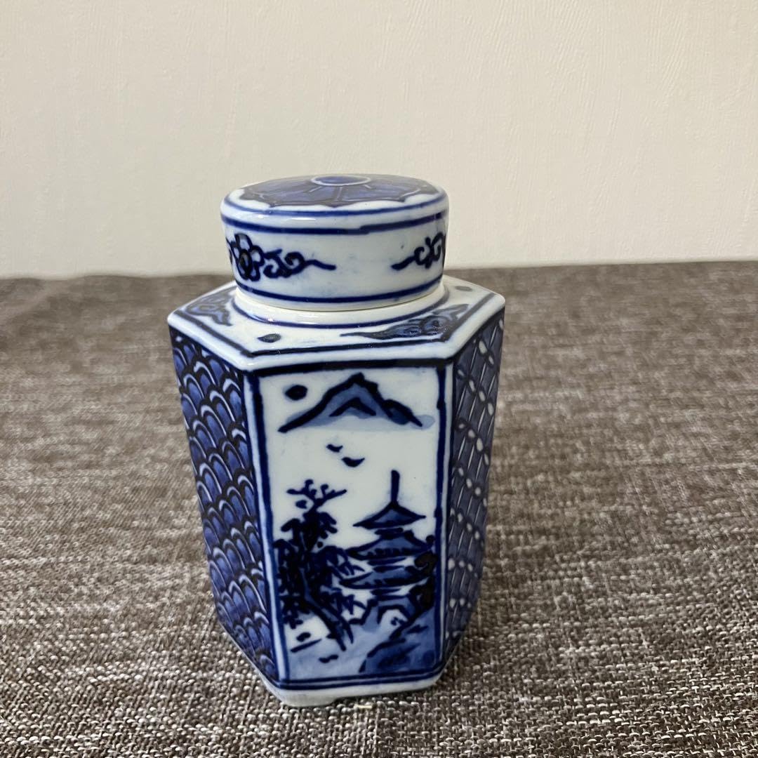 送料無料　清時代　景泰藍茶筒　七宝茶筒　煎茶道具 Amazon.co.jp: 六稜染付茶心壺 高野昭阿弥作 茶壺 茶入 茶筒 煎茶道具