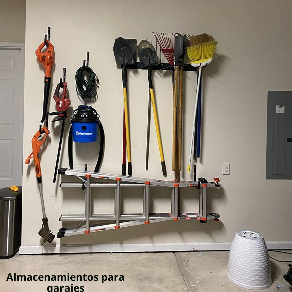 Ganchos para escaleras de garaje con brazo jumbo de 12 pulgadas, paquete de 8 perchas resistentes para montar en la pared, organizador para bicicletas, sillas plegables