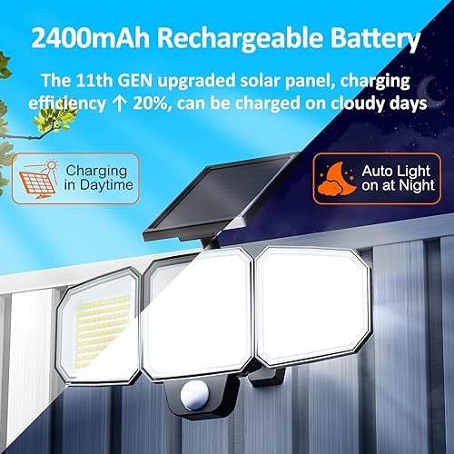 Miniatura 2 de CEOTIS Luces solares para exteriores, 243 luces LED con sensor de movimiento, IP65 impermeable de 270 gran angular de 3 cabezales, luces de
