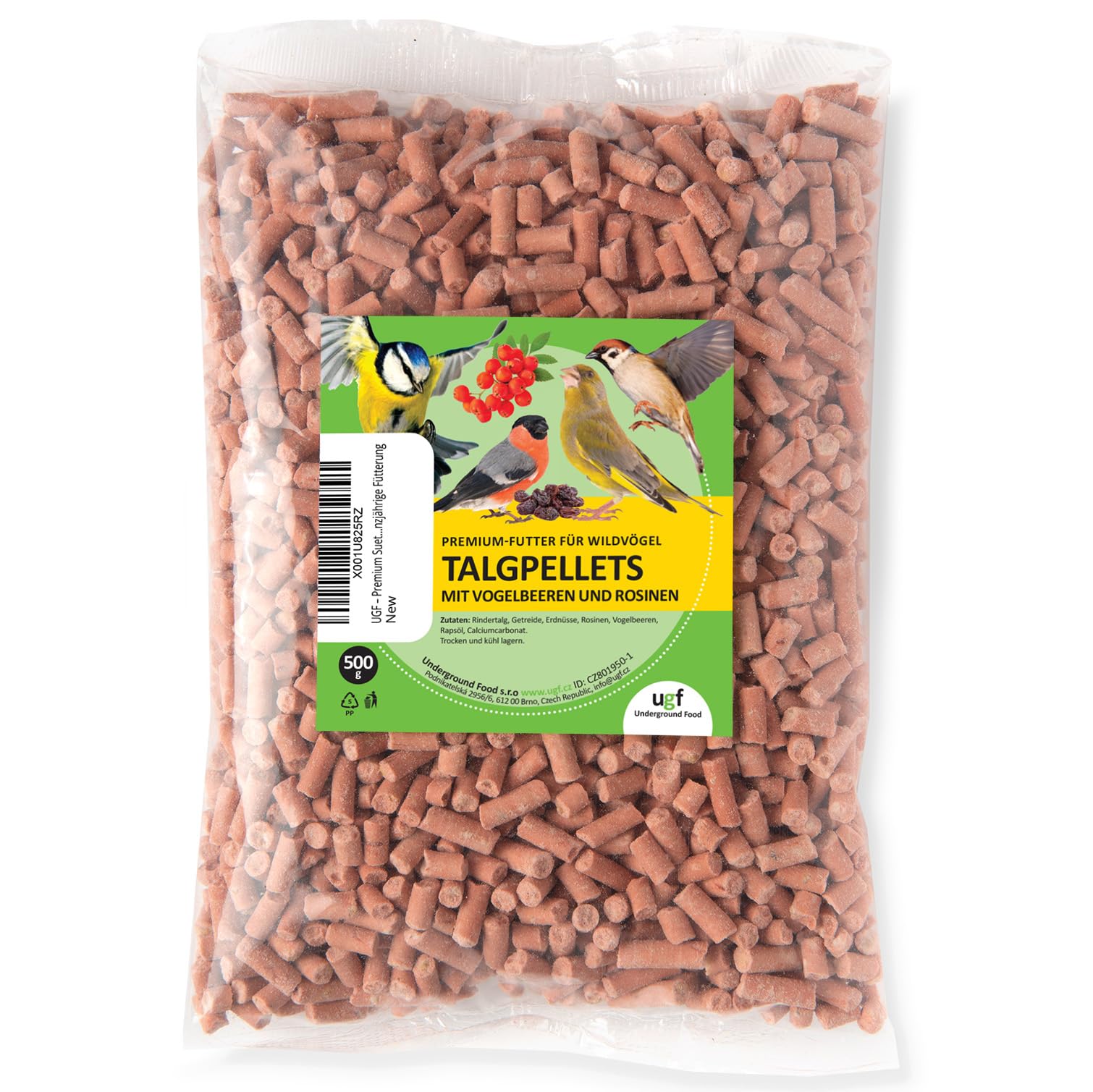 UGF - Premium Suet Pellets mit Mehlwürmern, Vogelbeerbaum und Rosinen - 500g, Vogelfutter Wildvögel Ganzjährig, Wildvögelfutter Talgpellets, Kombination von Zutaten für die Ganzjährige Fütterung