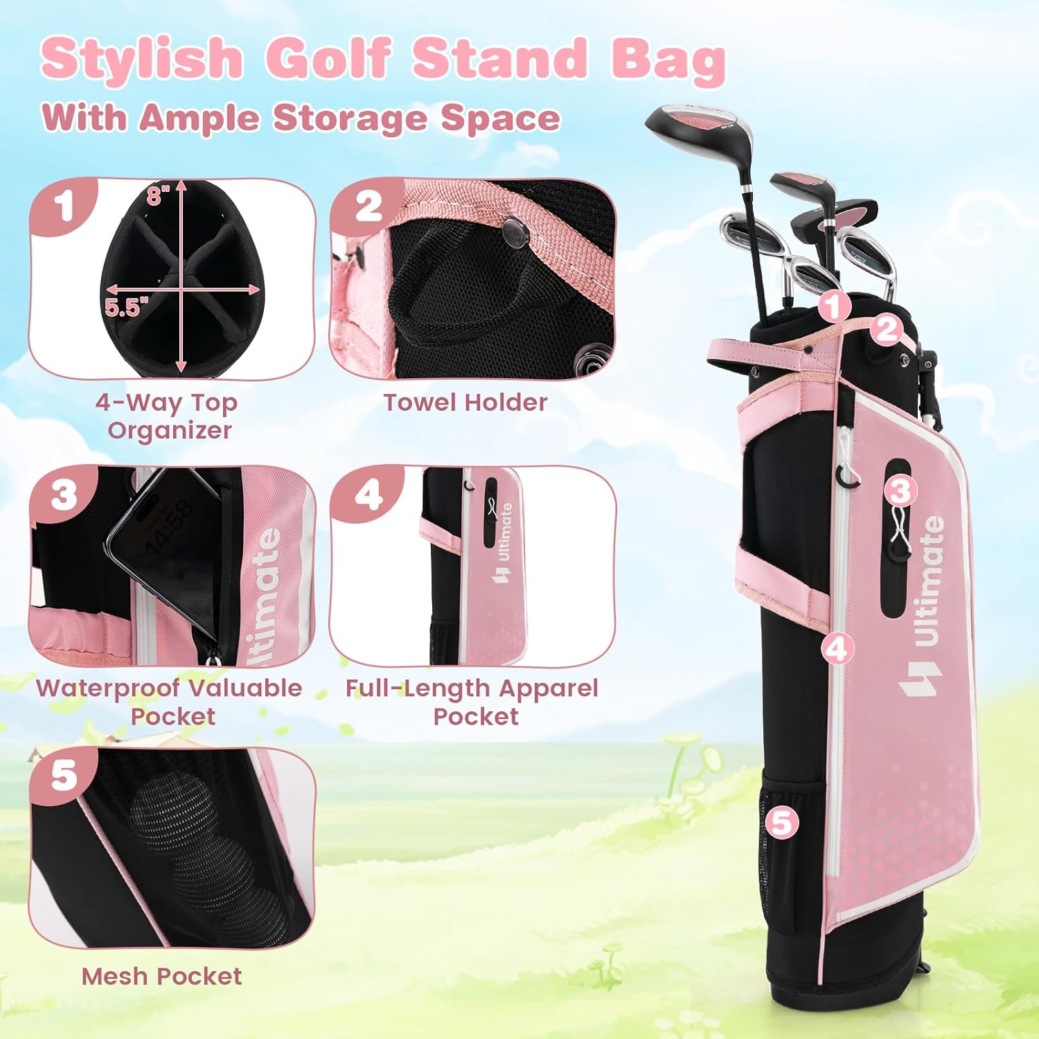 Tangkula 7 Pieces Junior Golf Club Set for Kids Age 11-13 Right Hand, Children’s Golf Clubs Set with #1 Driver & #4 Hybrid & #7/#9/#S Irons & Putter, Head Covers, Golf Stand Bag with Rain Hood