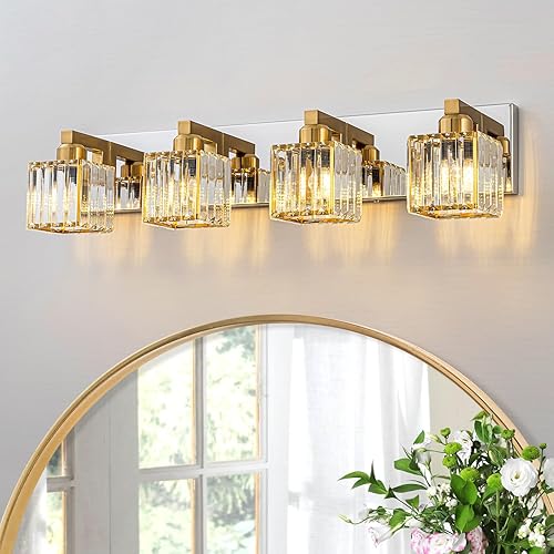 Miniatura 12 de Lámpara de tocador de baño de cristal negro y dorado, 4 luces de iluminación de baño sobre espejo, moderna iluminación de pared de cristal con