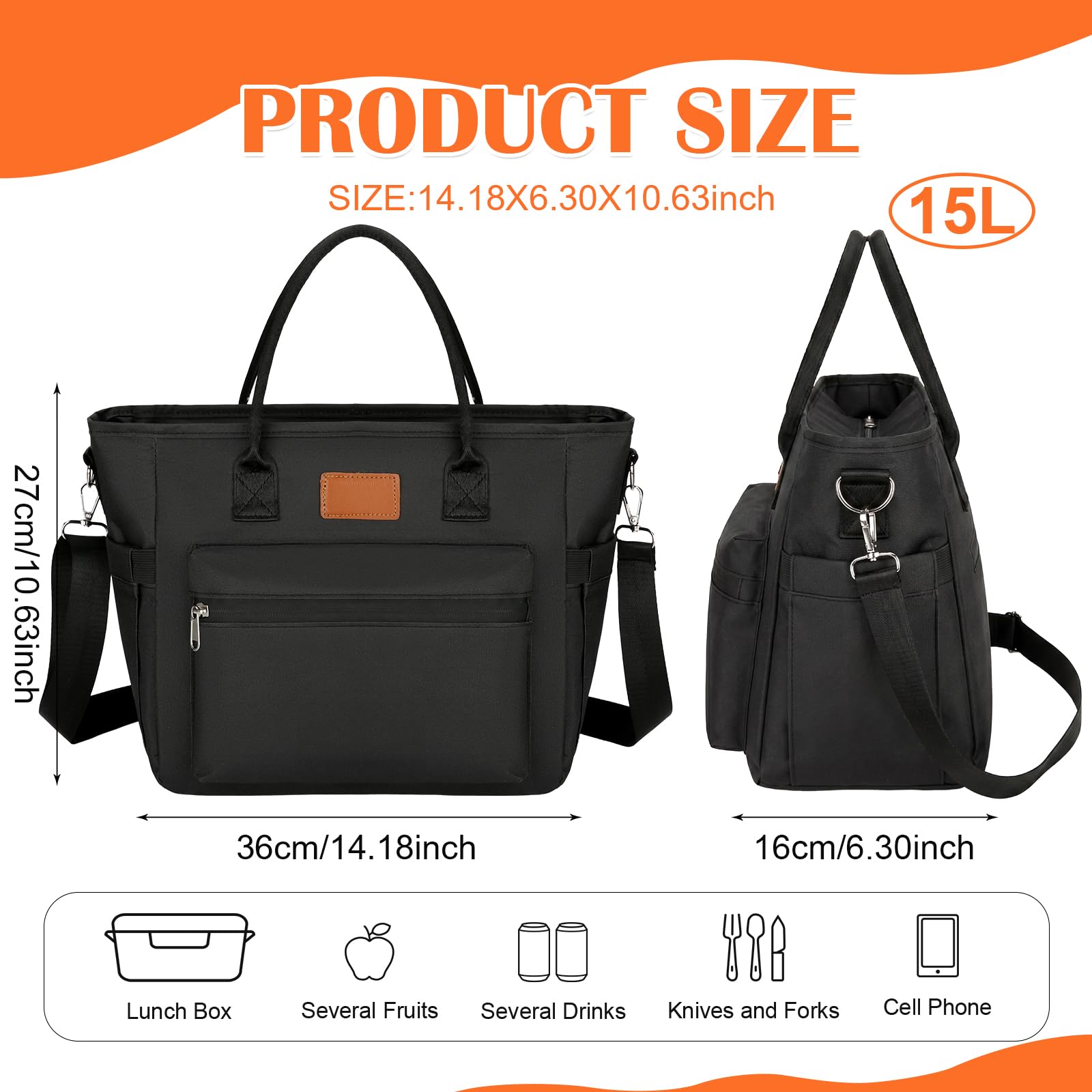 Nanxson ha isolato la borsa di pranzo per gli uomini delle donne le borse termiche del pranzo il contenitore di pranzo per il picnic di lavoro (15.5L, Nero)