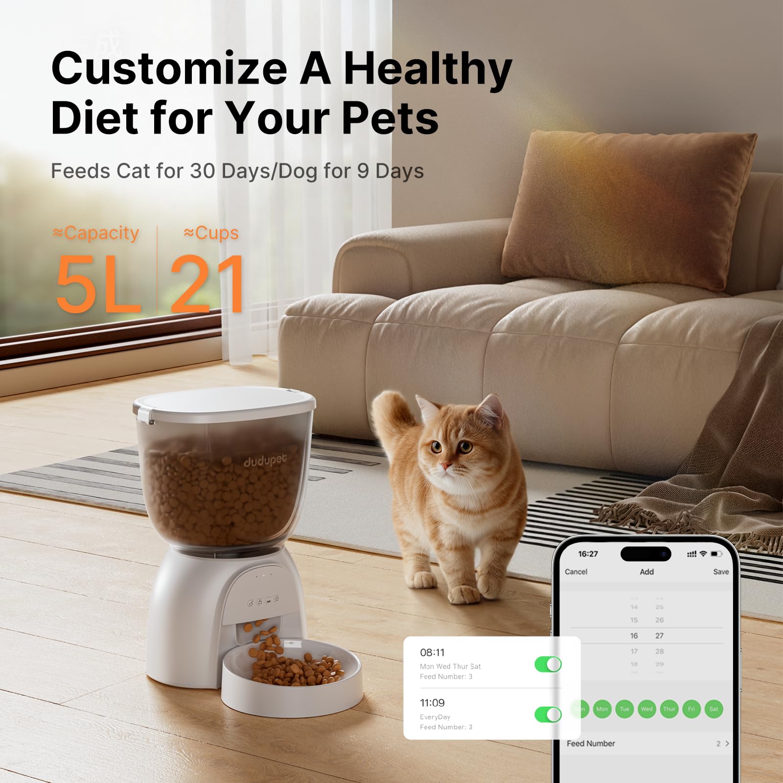 Automatic Cat Feeder 5G WiFi, Automatic Pet Feeder with App Remote Control, 5L Cat Dry Food Dispenser Dual Power,10 Meals Programmable 1-15 Portion Control Auto Cats Feeders for Indoor Use - image 3