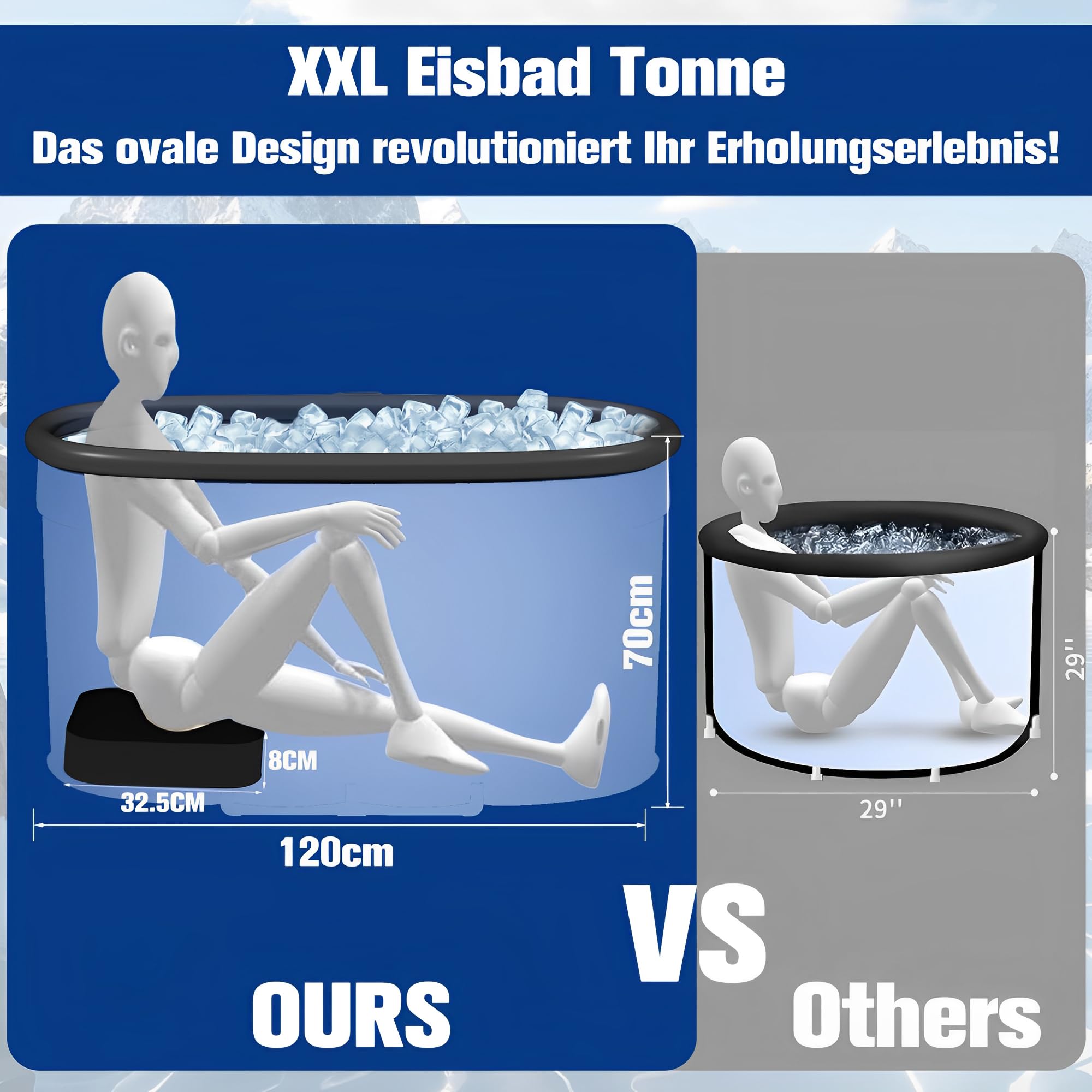 Eisbad XXL, Faltbare Badewanne Erwachsene(120cm Ø), Eistonne Eisbaden Outdoor mit Staubschutzabdeckung, Faltbare Badewanne Erwachsene, Eisbaden Tonne für Recovery und Kaltwassertherapie, Blau