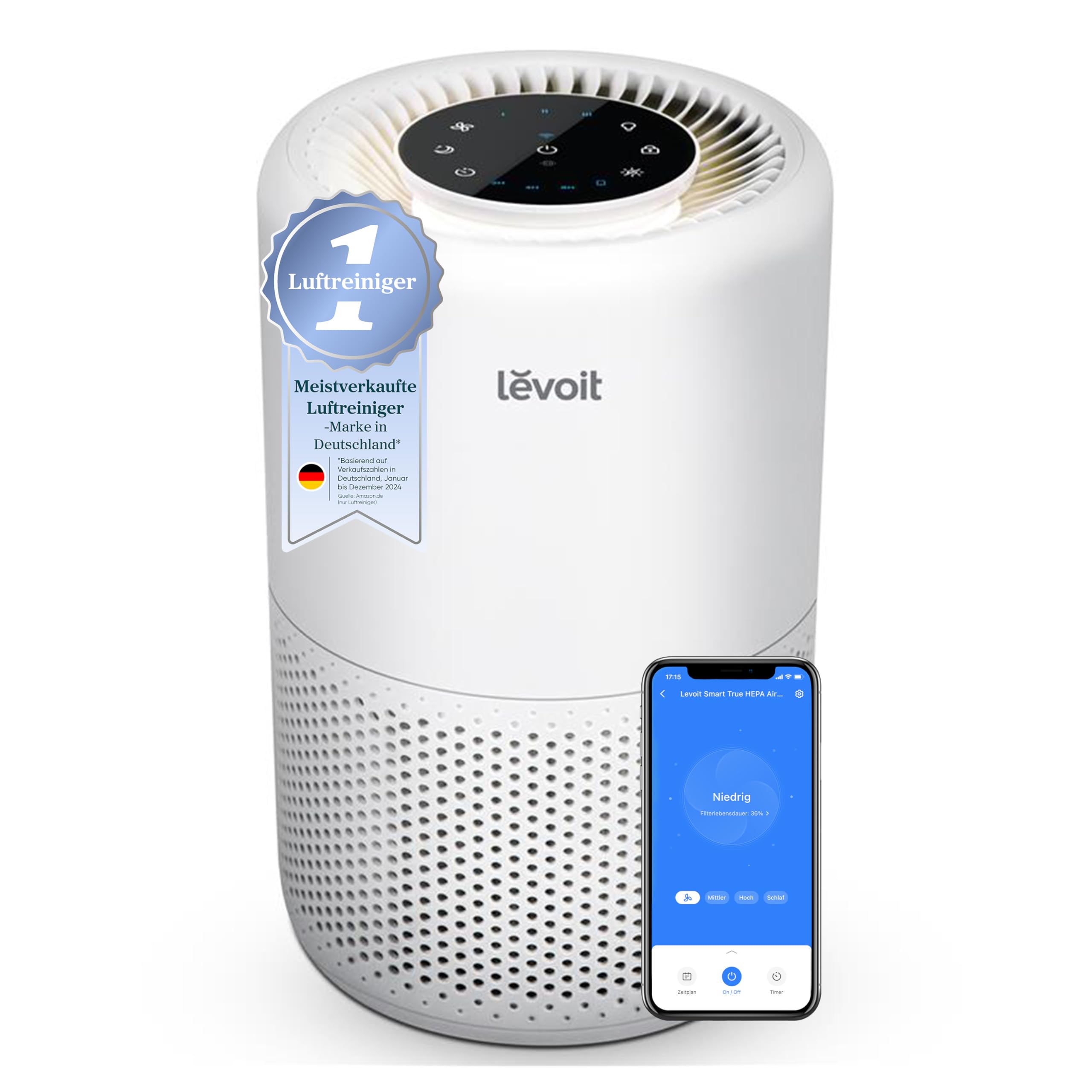 LEVOIT Luftreiniger HEPA Filter, Luftfilter gegen Schimmel Staub Pollen Gerüche, bis zu 35㎡ Raucherzimmer, Airpurifier Schlafmodus Nachtlicht Timer, App Steuerung, Silberweiß