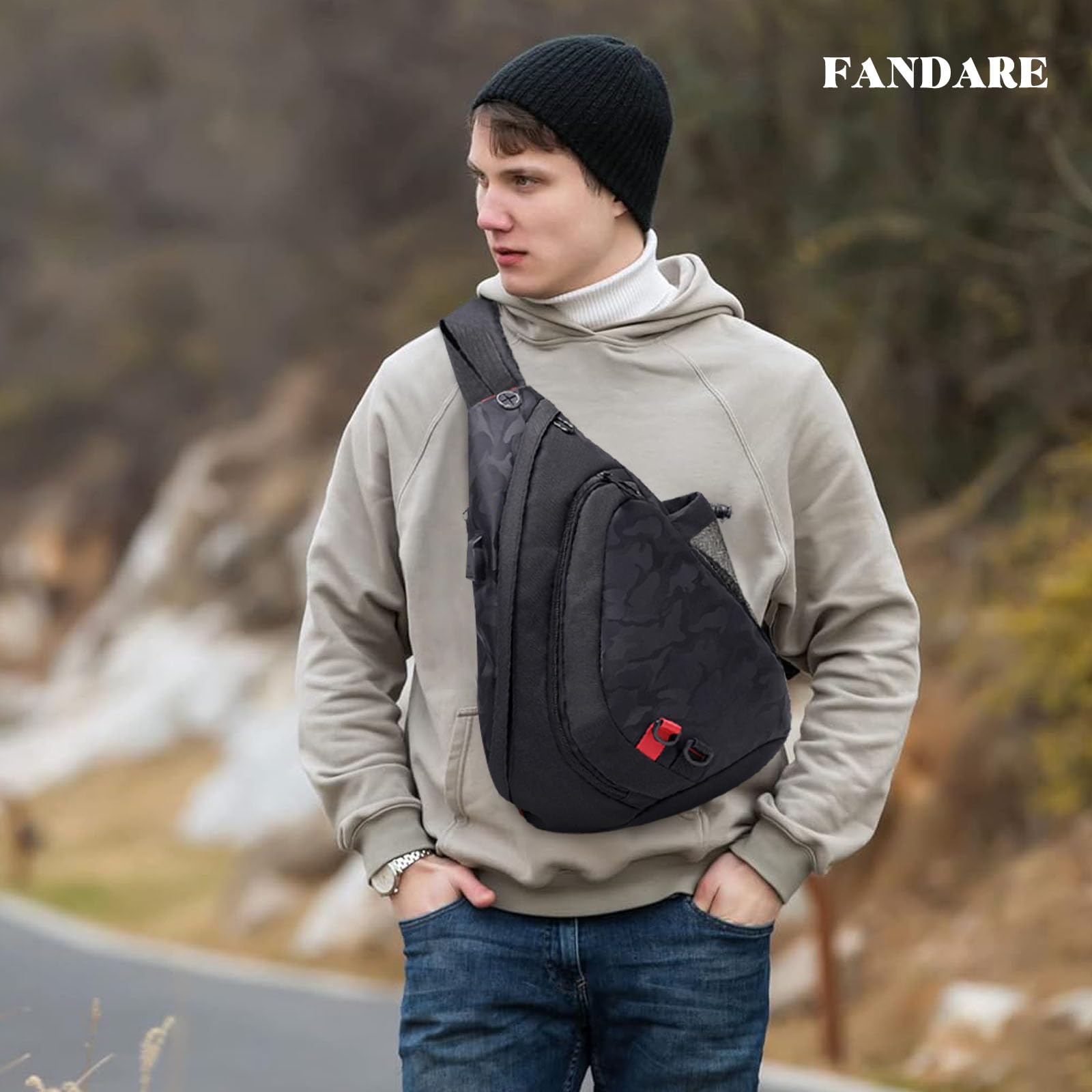 FANDARE Leggero Zaino Monospalla Sling Bag Borsa a Spalla Uomo Donna Borsello a Tracolla con USB per Scuola Outdoor Sportiva Ciclismo Viaggio Hiking Camping Crossbody Backpack Durevole Poliestere