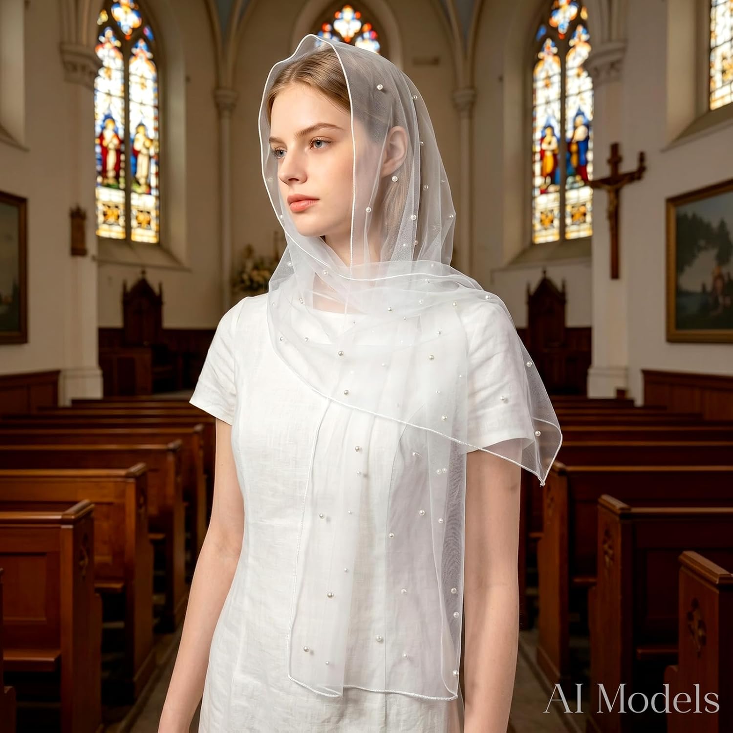 DOCILA Rectangle Pearl Veil Scarf Mass Women Church Prayer Mantilla Veils Wrap Shawl Lace Head Covering For Wedding Fashion