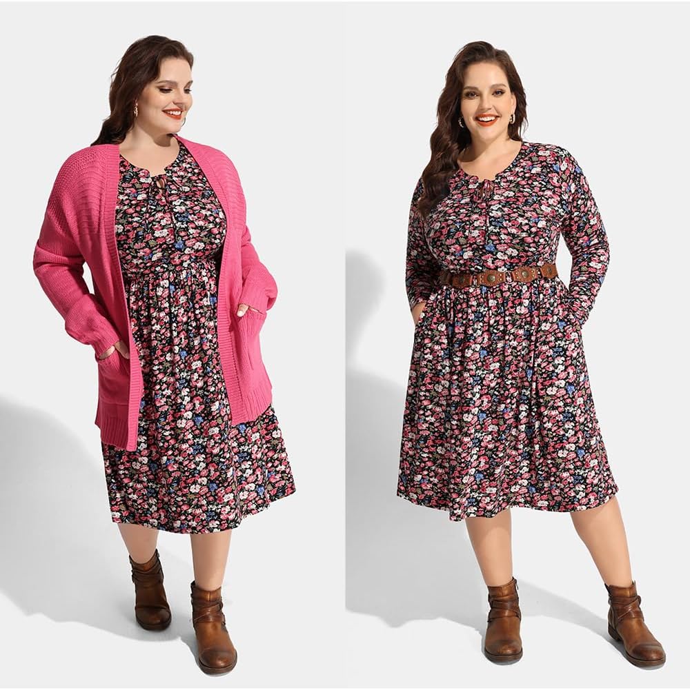 CARCOS Plus Size Dress for Women Tie V Neck Midi Dresses Long Sleeve Boho Dress Elastic High Waist Tunic Dress with Pockets - Image 5