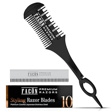 Facon Razor Comb for Hair Cutting - Professional Hair Cutting Comb Kit with 12 Replacement Blades, Double Edge Shaper for Salon & Home, Premium Styling Thinning Texturizing Split Ends Trimming Razor