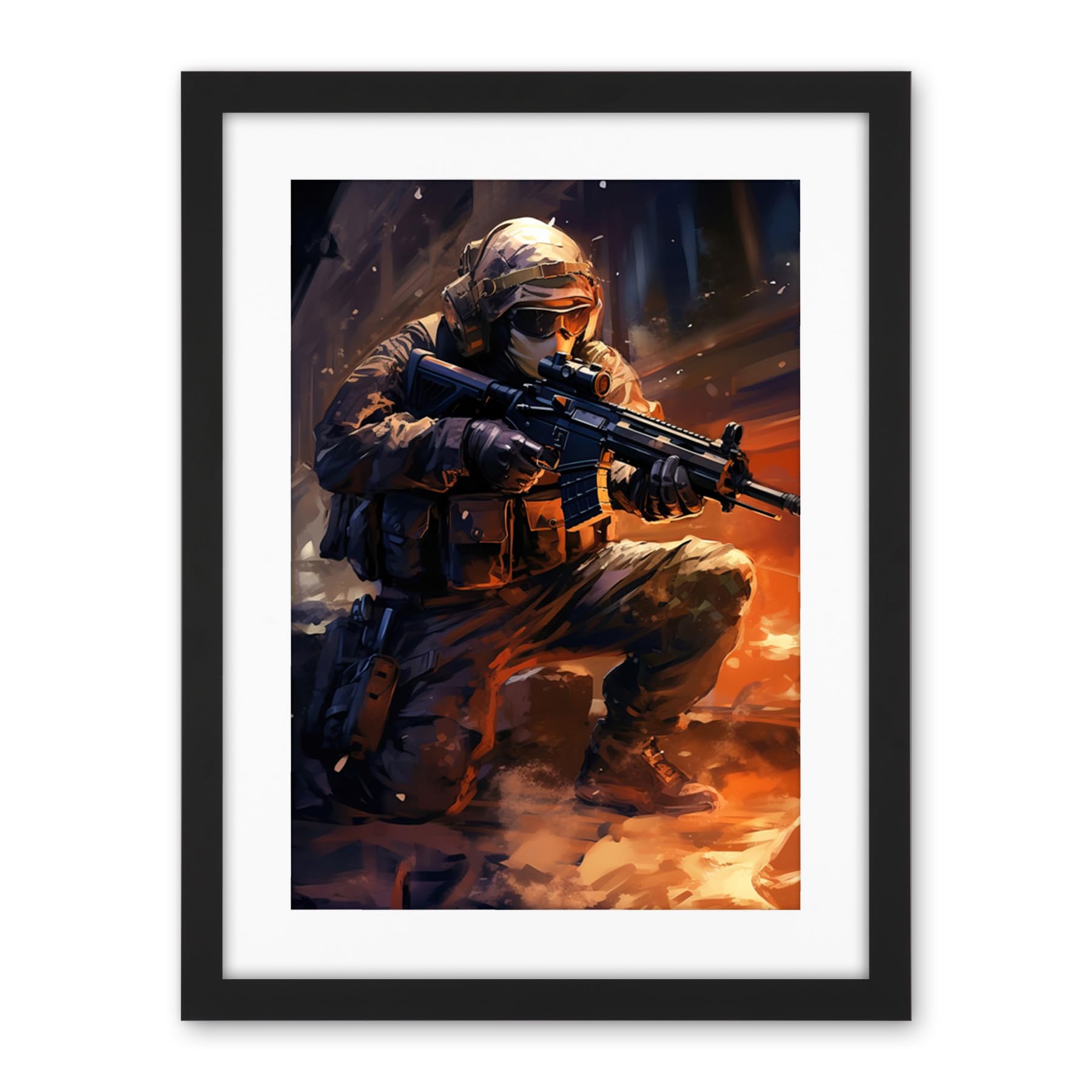 Artery8 Army Warfare Desert Sniper Explosion Flames Oil Painting Soldier Action Scene Artwork Framed Wall Art Print 18X24 Inch