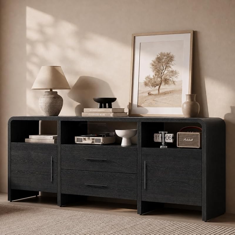 Fatmok 70" Curved TV Stand with Storage for TVs Up to 80", Modern Entertainment Center with 3 Open Shelves & 2 Drawers, Large Media Console for Living Room, Bedroom, Black Grey