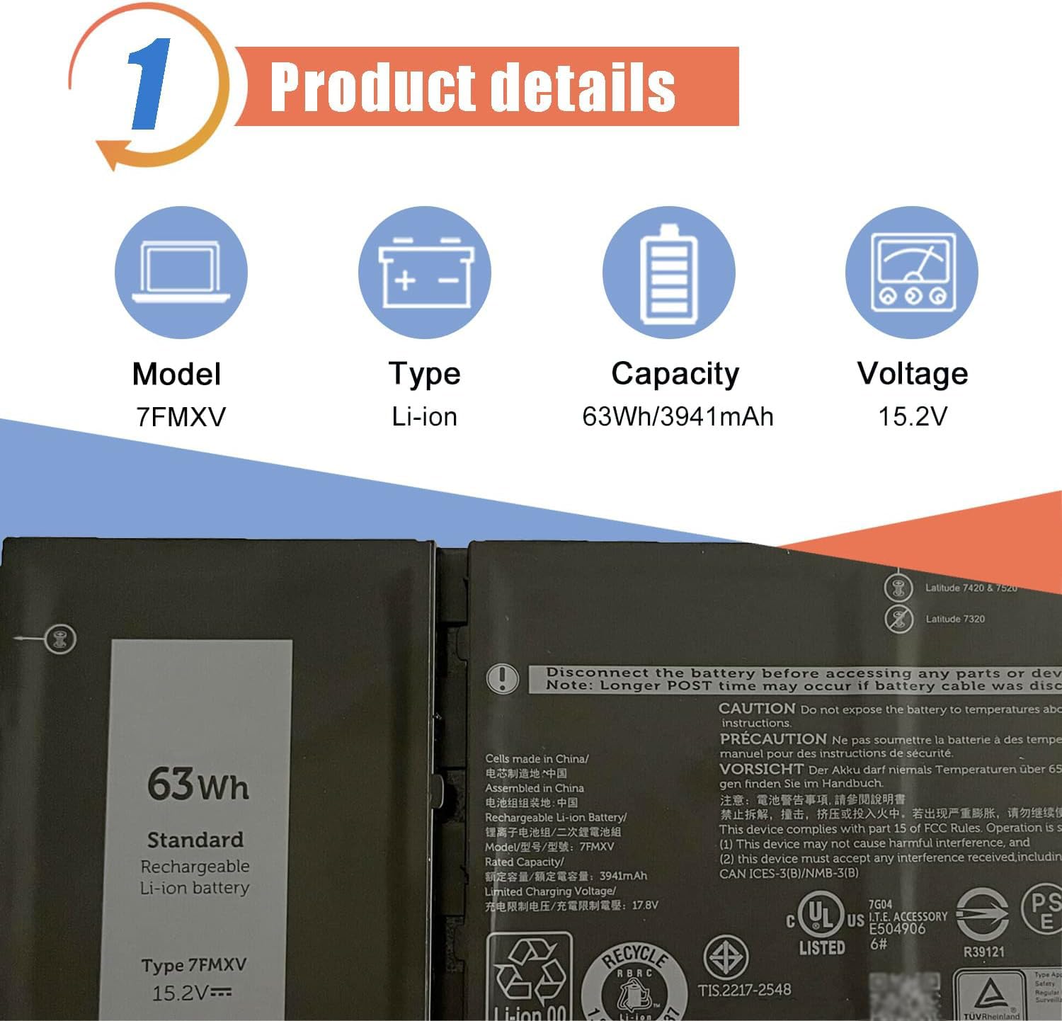 ASODI 7FMXV Laptop Battery Replacement for Dell Latitude 5320 7320 7420 7520 Latitude 5320 2-in-1/7320 2-in-1/7420 2-in-1 P134G001 P135G001 P138G001 4M1JN 1PP63 MHR4G 0TN2GY 9JM71 15.2V 63Wh
