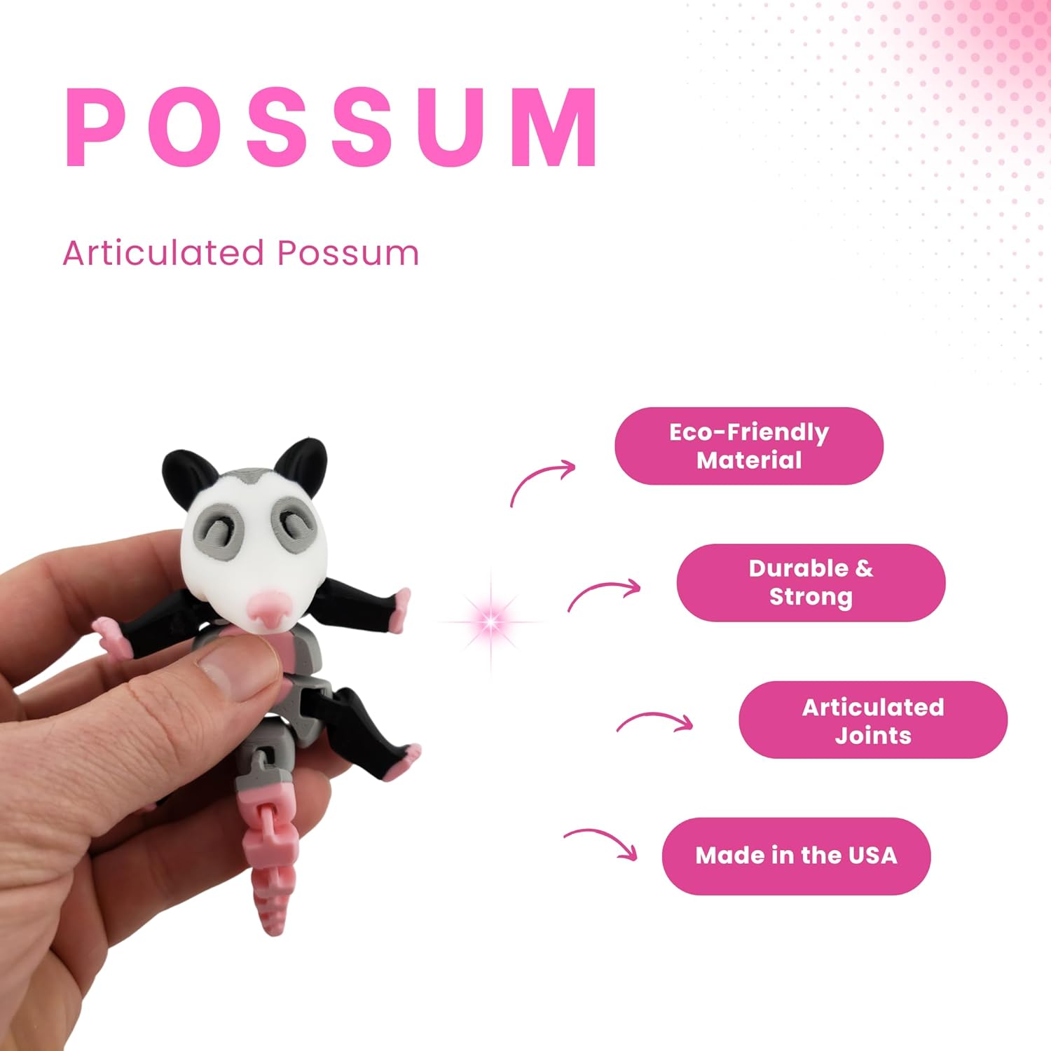 3D Printed Articulated Possum Figurine | Realistic Black, Grey, White, and Pink Colors | Adorable Desk Decor and Collectible Toy | Fidget (Possum Only)