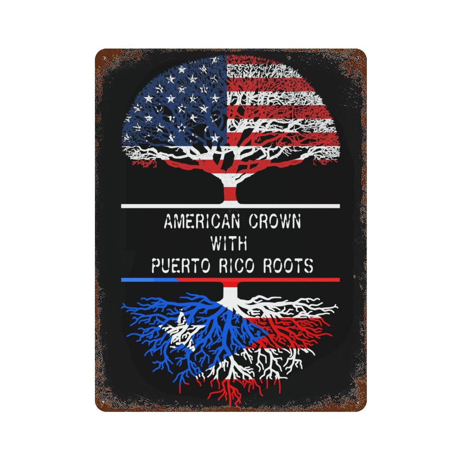 KWQDOZF America Crown With Porto Rico Roots Theme Metal Tin Sign,Vintage Iron Hanging Plate Vertical with Rust Poster Wall Decor 12x16inch