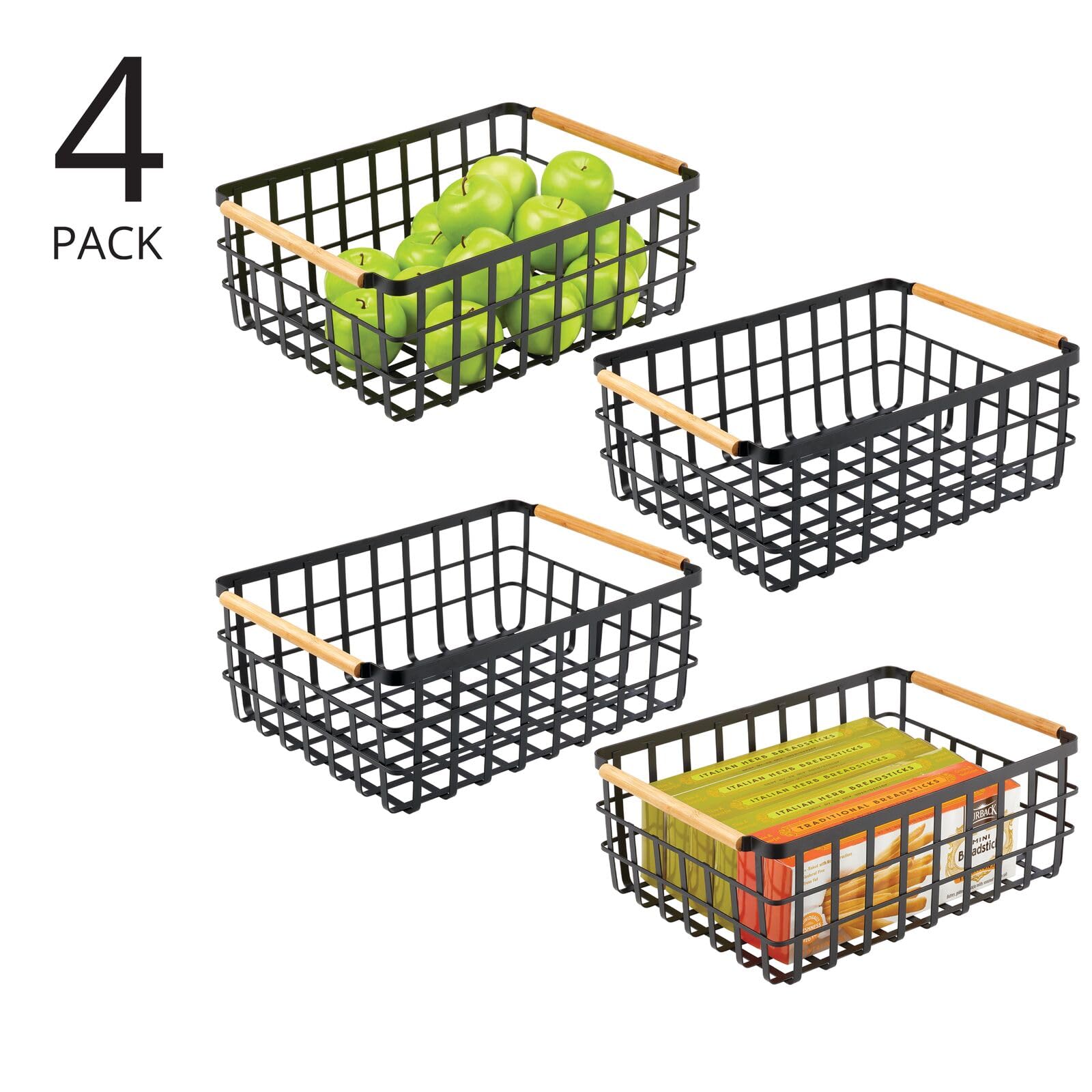 mDesign panier de rangement pratique (lot de 4) – panier en métal pour cuisine ou garde-manger – 40,6 cm x 30,5 cm x 15,2 cm – panier rangement polyvalent pour ustensiles, aliments, etc. – noir mat