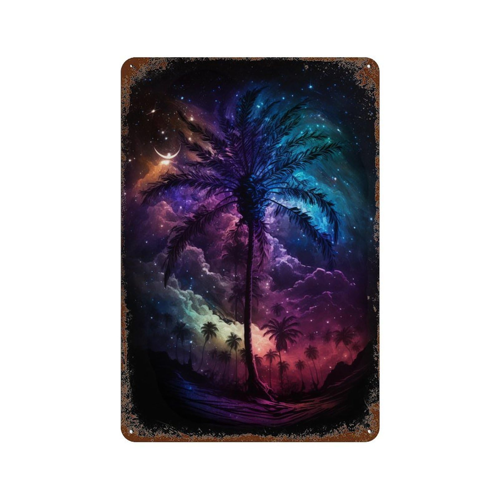 Rust Effect Cosmic Palm Night Sky Rusty Metal Tin Sign 11.8"x7.9", Industrial Home Decor for Living Room, Hallway And Home Decor