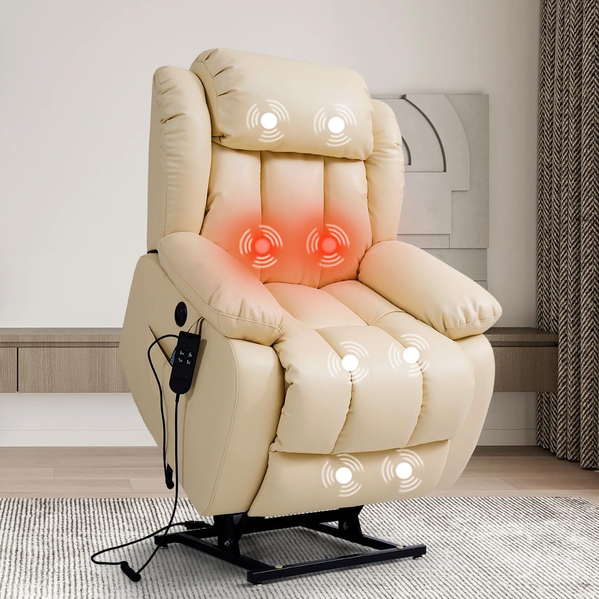 COCOLHOME Infinite Position Power Lift Chair Lay Flat Recliner Dual Motor Sleeper Chair with Massage and Heating for Elderly, USB Ports and Remote Control, Genuine Leather(Beige)