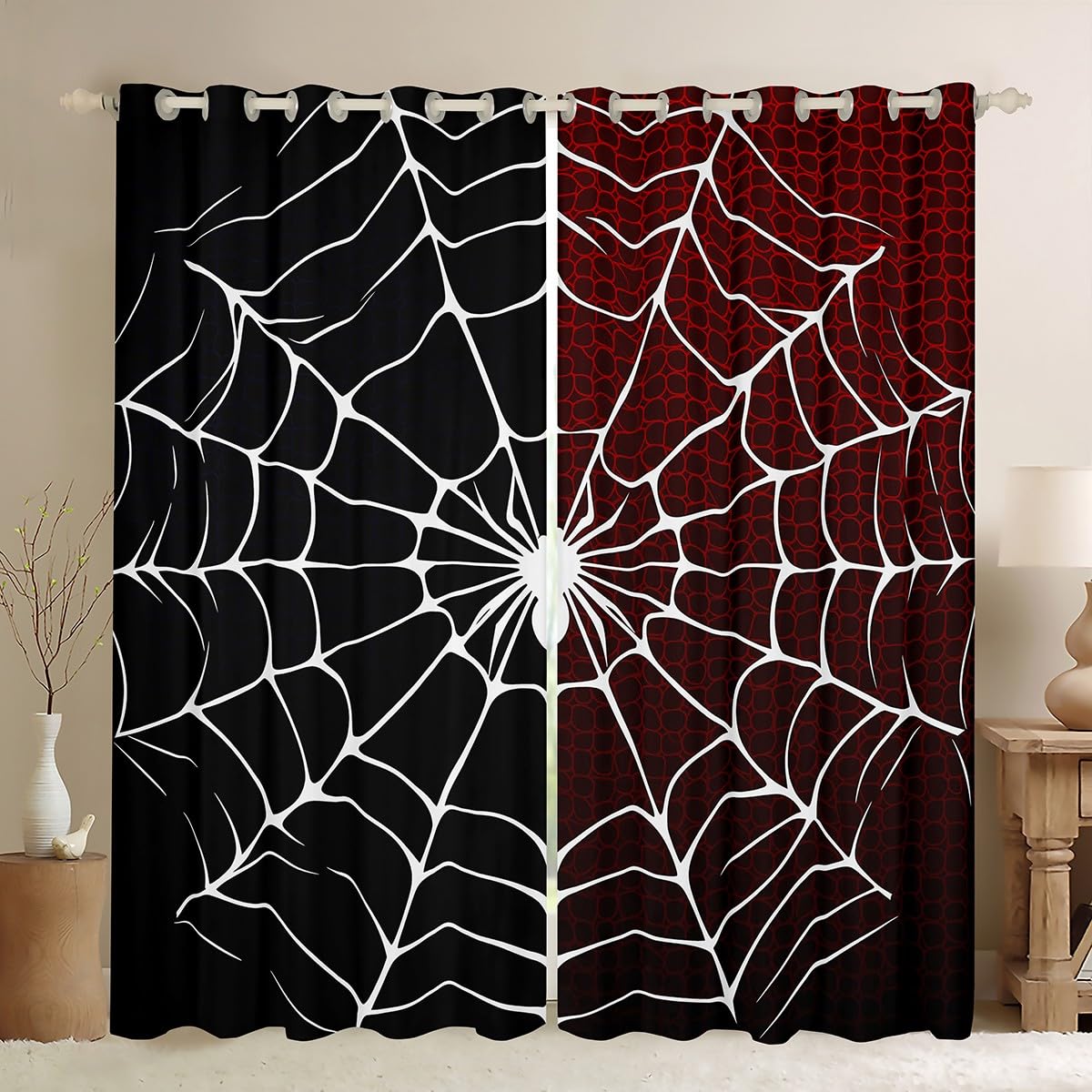 feelingyou White Spider Kids Curtains for Windows,Black and Red Curtains for Living Room Bedroom,Halloween Theme Soft Polyester 100% Blackout Drapes 2 Panel Sets,66x72L