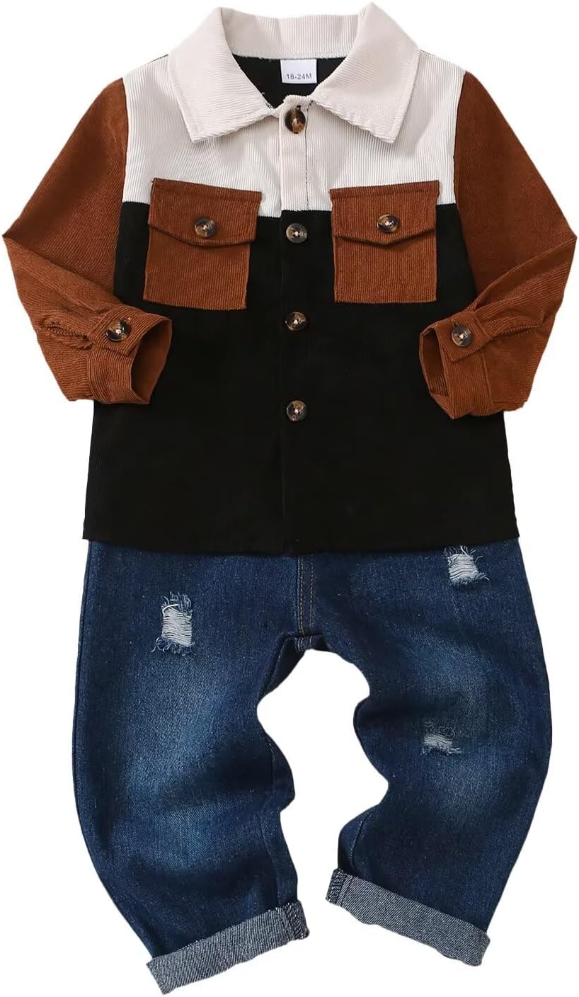 Toddler Baby Boy Fall Winter Clothes Long Sleeve Patchwork Sweatshirt Ripped Holes Jeans Set 18M-6T