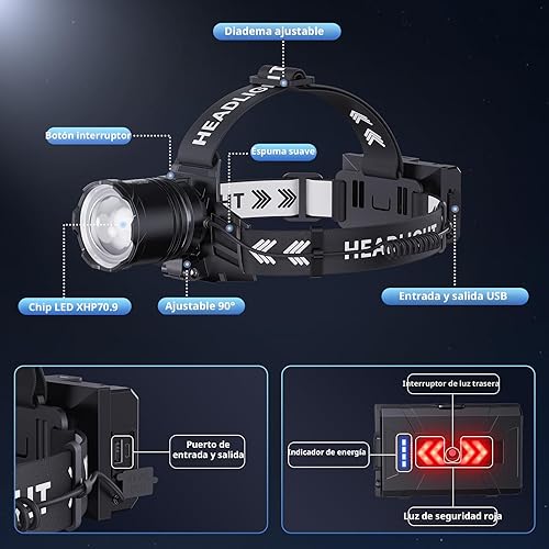 Miniatura 5 de Linterna frontal súper brillante recargable de 2000 lúmenes, 7 modos, luz frontal con zoom para frente, faros delanteros ajustables de 90 para
