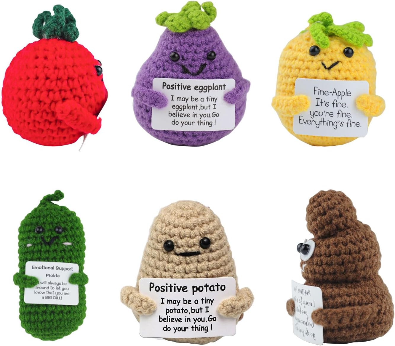 Funny Crochet Positive Gifts,6 Pieces Cute Knitted Doll with Positive Card Emotional Support Gifts Cheer up Gifts for Adult Lovers(Positive Poo,Potato,Tomato,Eggplant,Pineapple,Cucumber)
