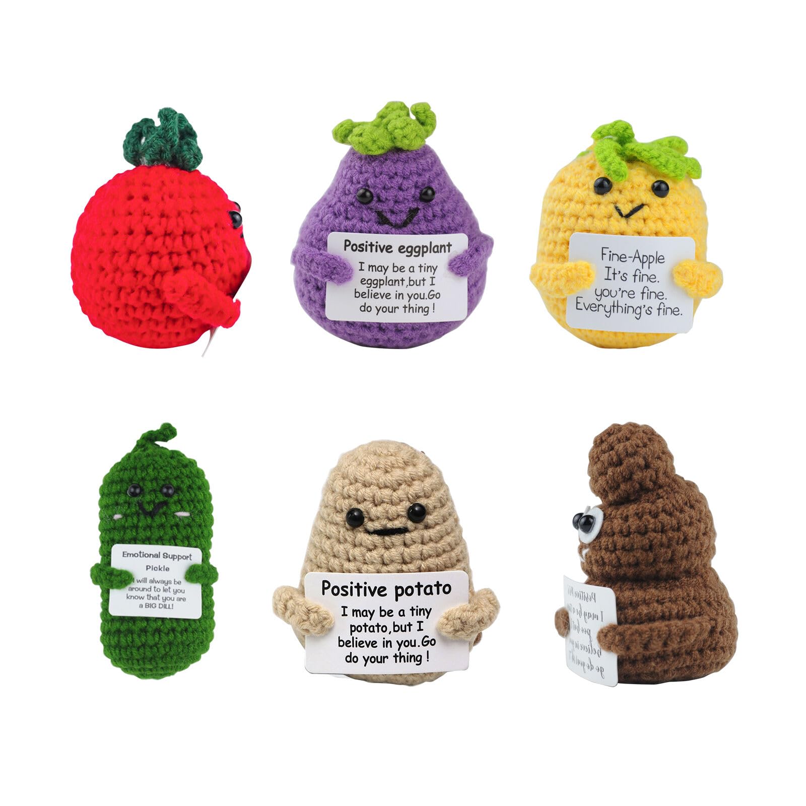 YUUTIALFunny Crochet Positive Gifts,6 Pieces Cute Knitted Doll with Positive Card Emotional Support Gifts Cheer up Gifts for Adult Lovers(Positive Poo,Potato,Tomato,Eggplant,Pineapple,Cucumber)