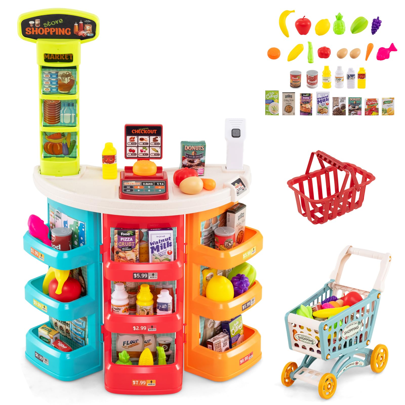 RELAX4LIFE Supermercado Juguete Infantil con Luz, Sonido, Carrito Compra, Cesta y 29 Accesorios, Caja Registradora Juguetes con Escáner, Supermercado de Madera para Niños de 3+ Años (Multicolor)