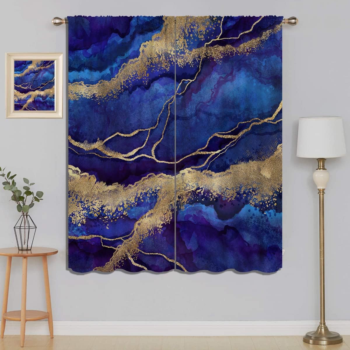 Blue Marble Stone Texture Blackout Curtains for Boy Girl Bedroom Living Room Darkening Decor, Abstract Luxury Golden Glitter Home Rod Pocket Thermal Insulated Window Curtain/Drapes Panel, 55x63 Inch