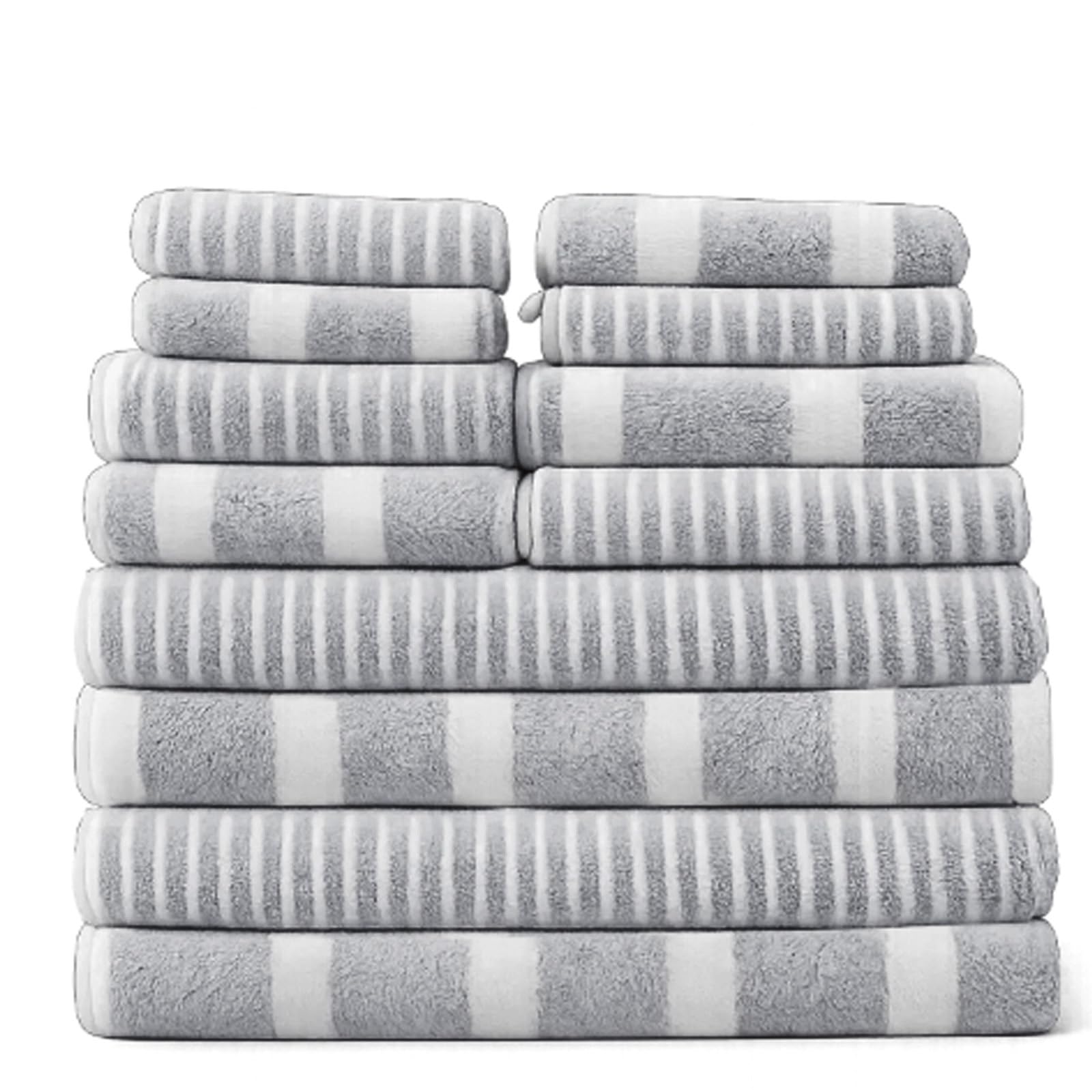 FERNVALE 12PCS Towel Set – Soft Absorbent Bath Towels, Hand Towels & Washcloths with Elegant Woven Stripe Design, Quick-Dry Bathroom Towels for Home & Kitchen, Bath Linen Towel Sets (Grey)