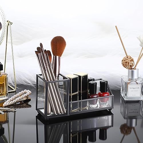 Miniatura 3 de Hipiwe Tarjetero de cristal para tarjetas de presentación de metal, para lápices, para escritorio, transparente, para oficina y hogar, 2 ranuras,