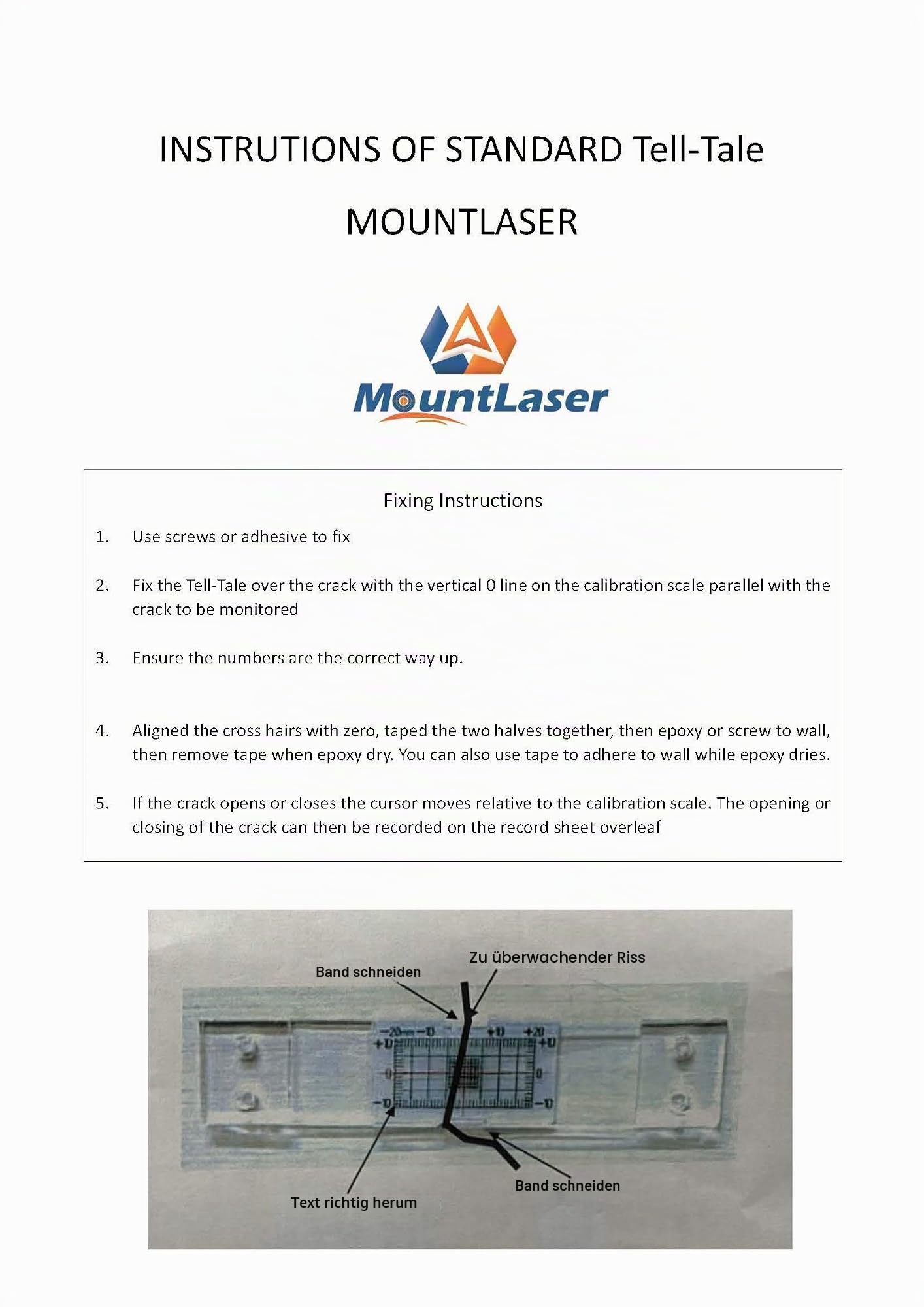 Crack Monitoring Record, Standard Tell-Tale Crack-Monitor für Standard und Eck-Tell-Tale