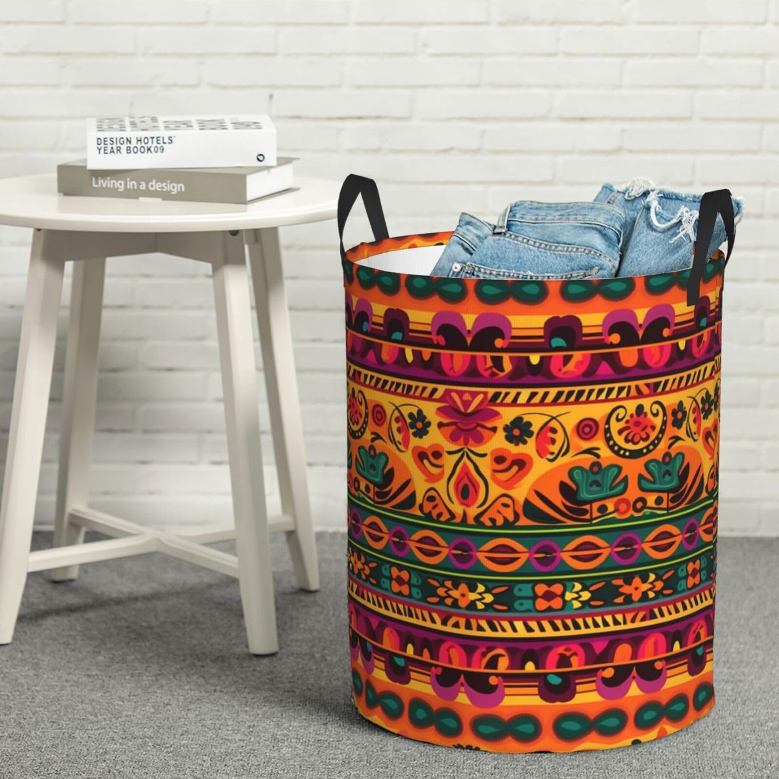 Fodpand Black Mexican Folk Art Boho Laundry Basket With Handle, Freestanding Laundry Hamper, Collapsible Dirty Clothes Hamper, Waterproof Fabric Blanket Storage Basket Tall Toy Storage Bin Room Decor Medium