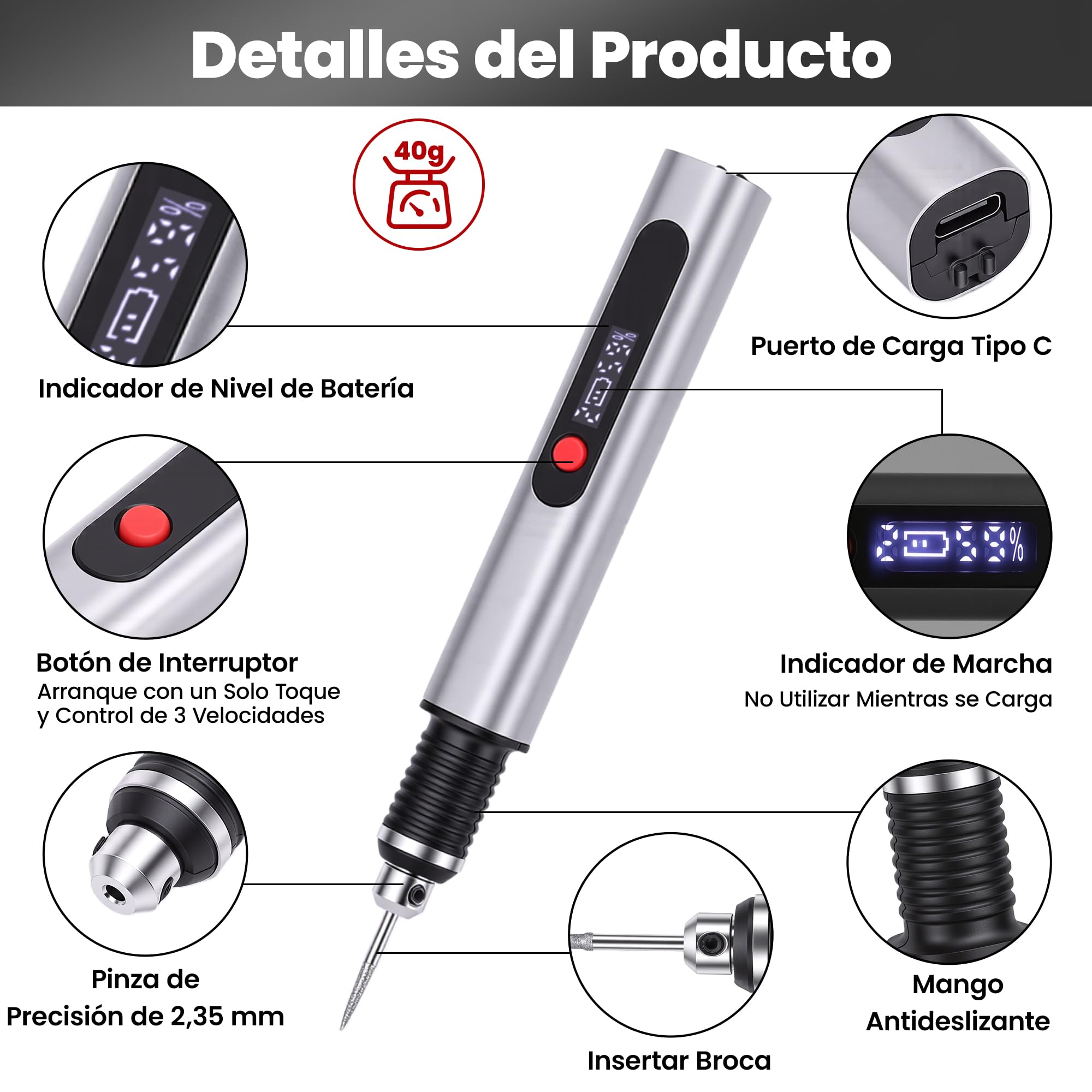Mini Grabadora Eléctrica Inalámbrica, Pirograbador de Madera con 30 Puntas y 3 Velocidades (Hasta 25000 RPM), Kit de Herramientas Recargable para Metal, Vidrio, Cerámica y Joyería