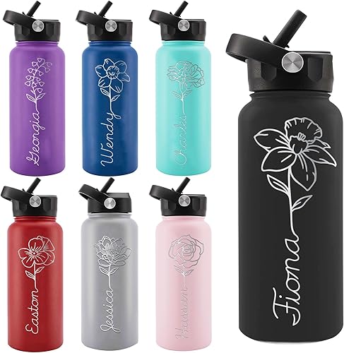 Personalized Water Bottles, Custom Water Bottle with Birth Month Flower Personalized Text Names, Gifts for Women, Customized Engraved Stainless