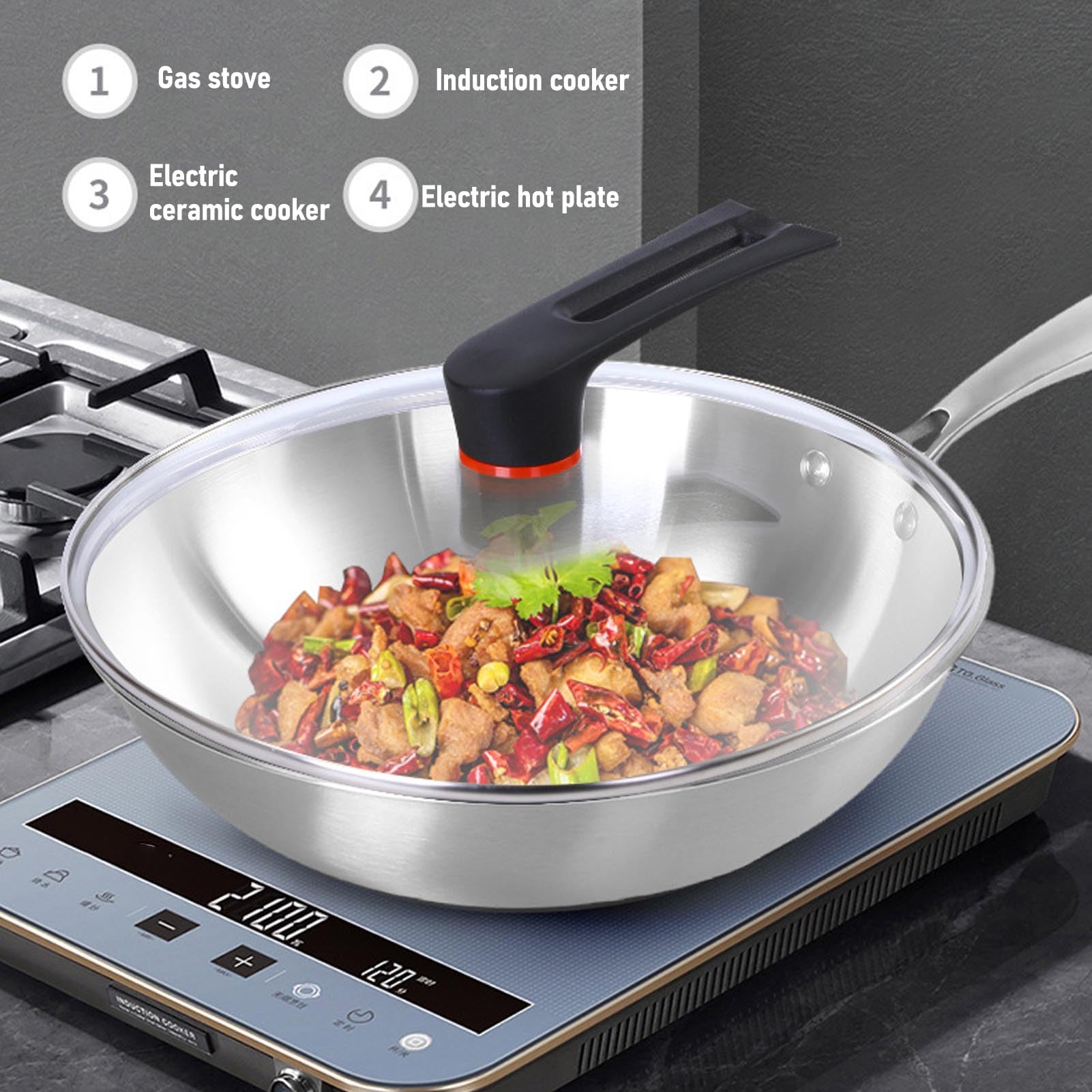 Cocoarm Wok de Acero Inoxidable, Acero Inoxidable 304 de Grado Alimentario con Núcleo de Aluminio para un Calentamiento Rápido y Uniforme, Compatible con Inducción, Apto para (34CM)