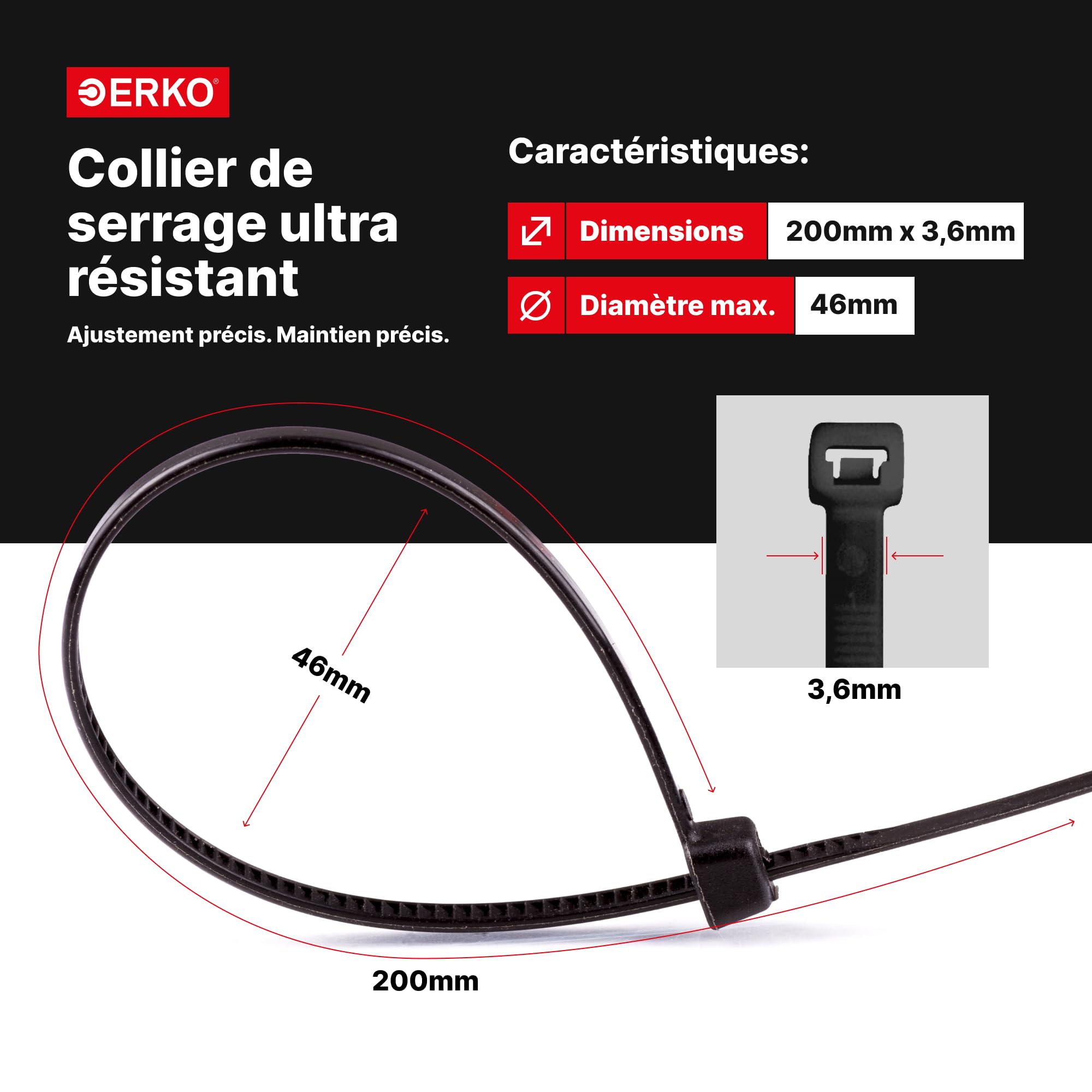 Visiter la boutique ERKO ERKO 100 pièces d'attaches de câble professionnelles 200 x 3,6 mm Poignée d'attache de câble couleur noire, résistante à la température in use