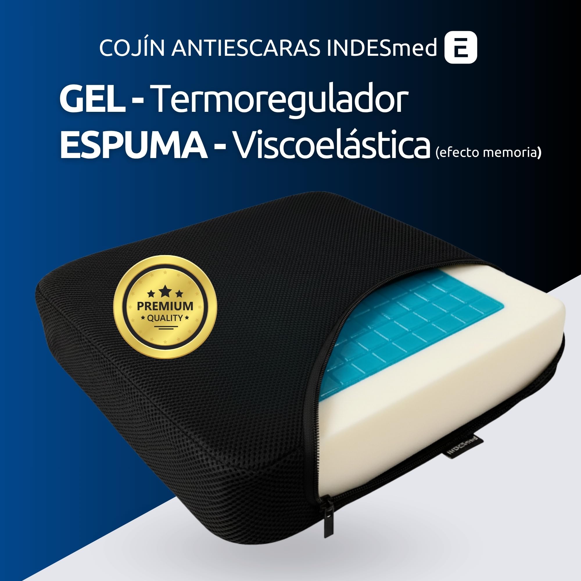INDESMED Cojín Antiescaras de Gel y Viscoelástica Premium 40x40x8 cm - Prevención y Alivio de Úlceras por Presión | Ergonómico, Ortopédico, para Silla de Ruedas, Oficina y Coche | Funda Antideslizante