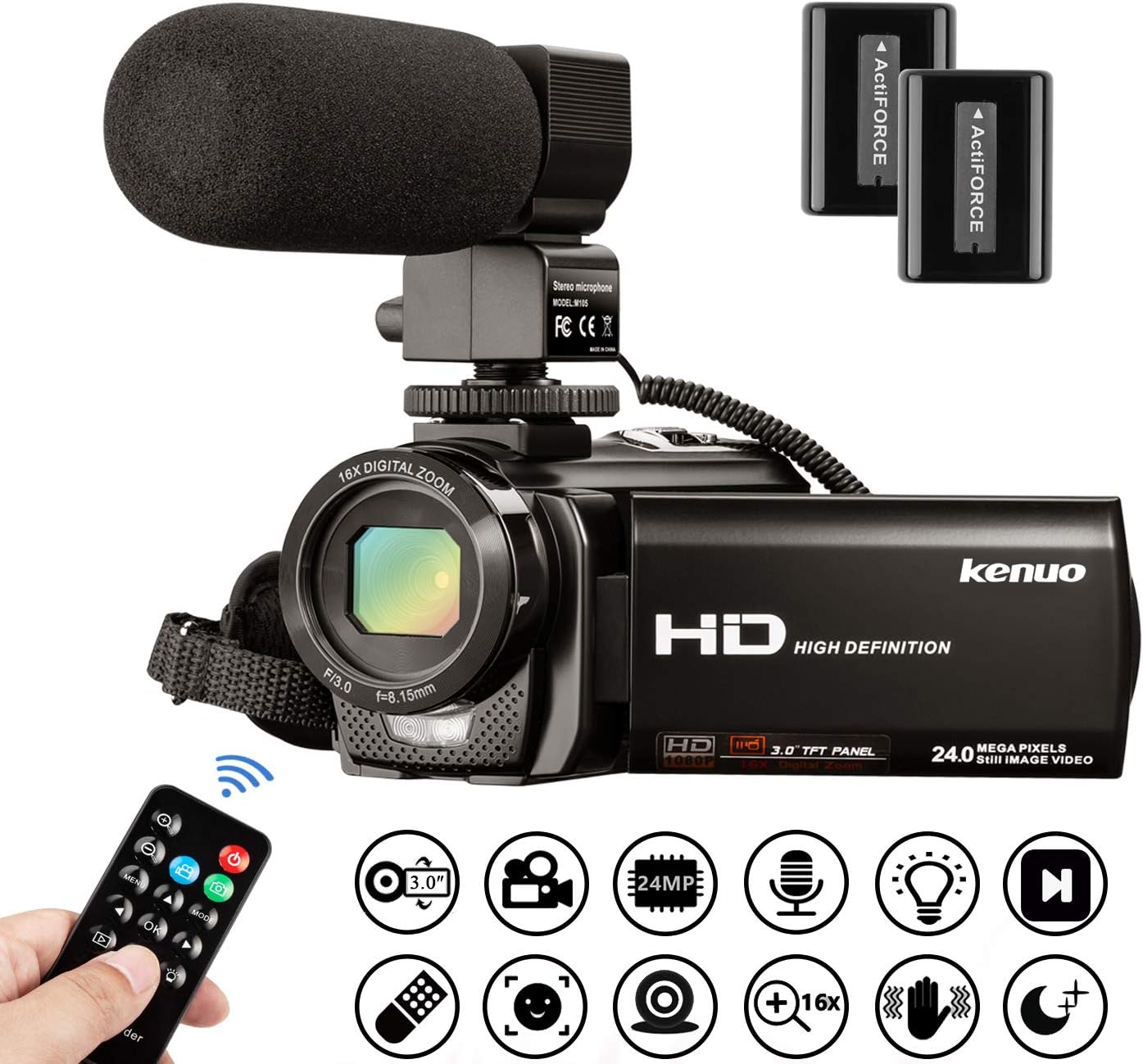 Kenuo Video Camera 4K Camcorder Full HD 60FPS WiFi Vlogging Camera 48MP 3.0 inch Touch Screen IR Night Vision 16X Digital Zoom Video Recorder External Microphone Wide Angle Lens With 2 Batteries