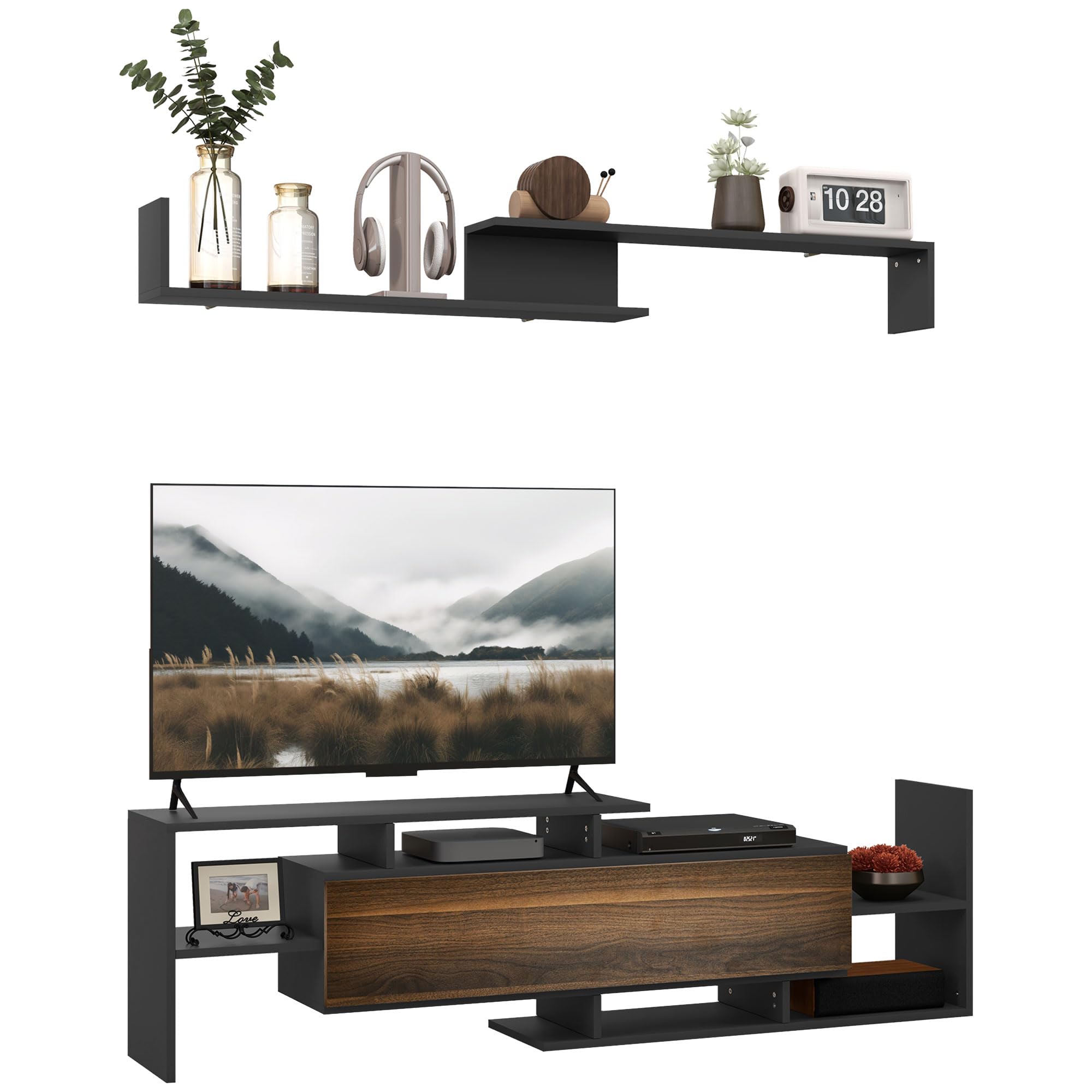 HOMCOM Mobile TV con Mensola a Muro, Ripiani Aperti e Armadietto in Legno, Mobile TV Moderno per Soggiorno e Camera da Letto, Nero e Marrone