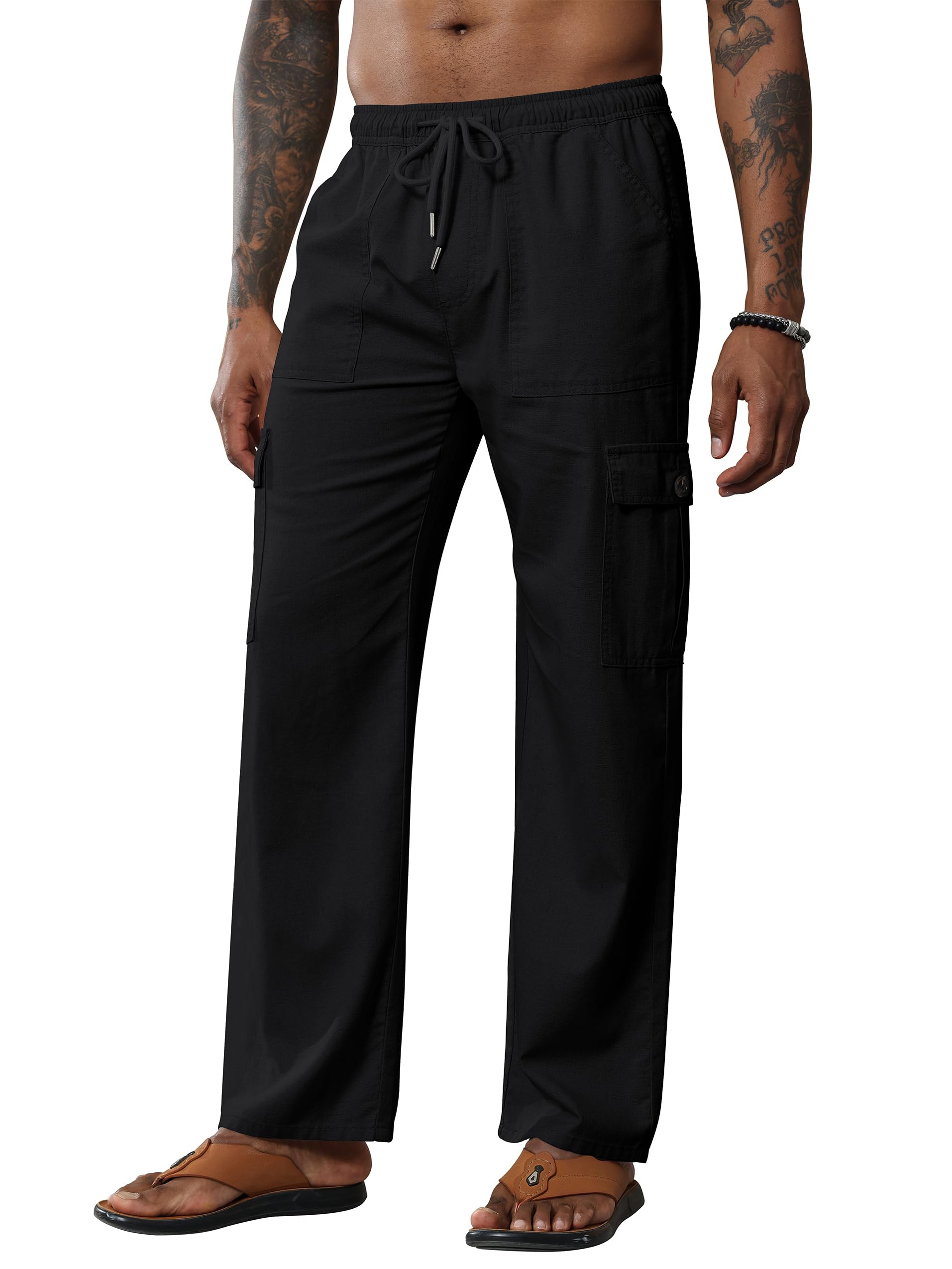 Breampot Herren Leinenhose Lang Leicht Sommerhose Baumwolle Cargo Loose Freizeithose mit Kordelzug