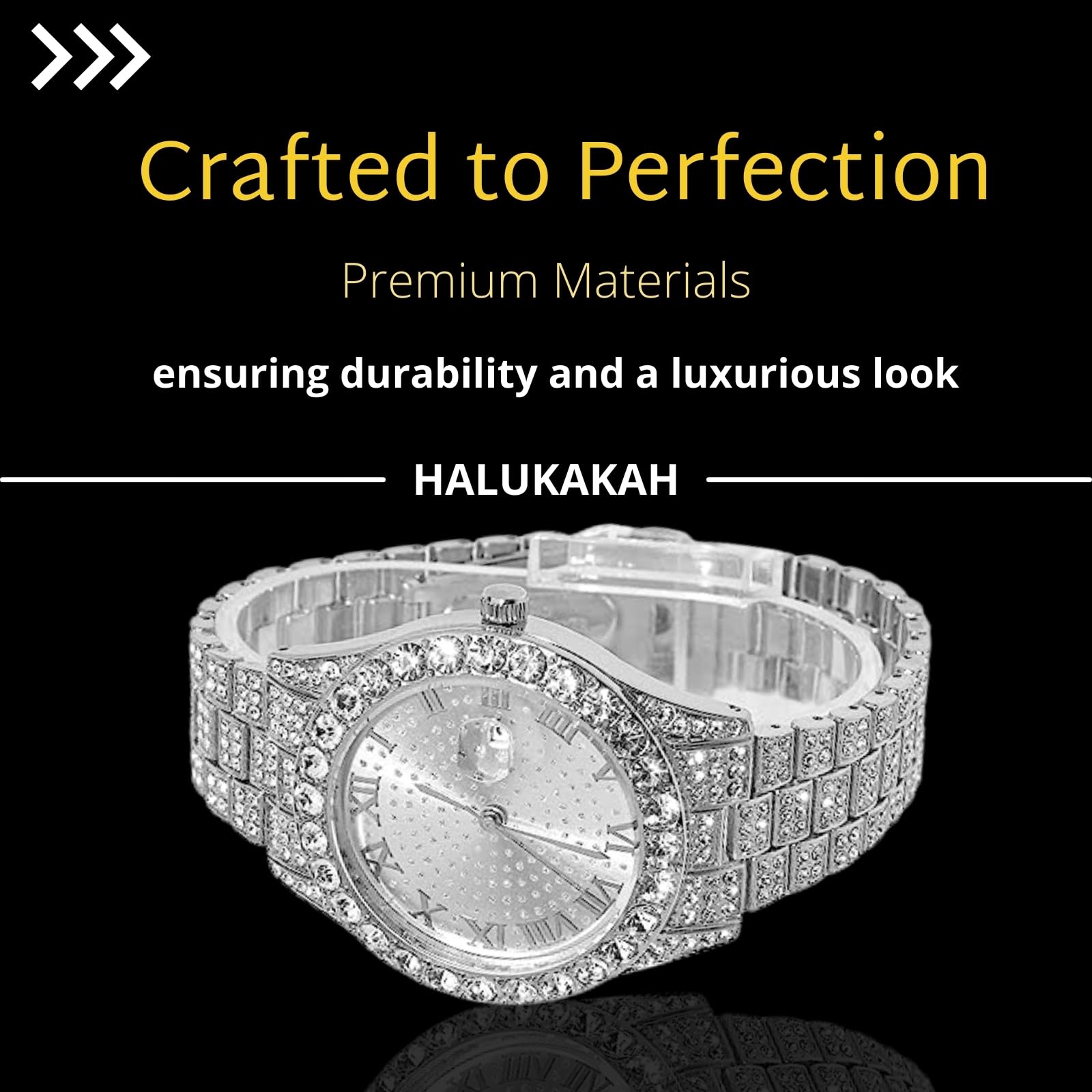 Halukakah Diamonds Watch Iced Out para niños y adolescentes, chapado en oro real de 18 quilates, esfera redonda de 42 mm de longitud, opcional con cadena de eslabones cubanos, con herramienta de