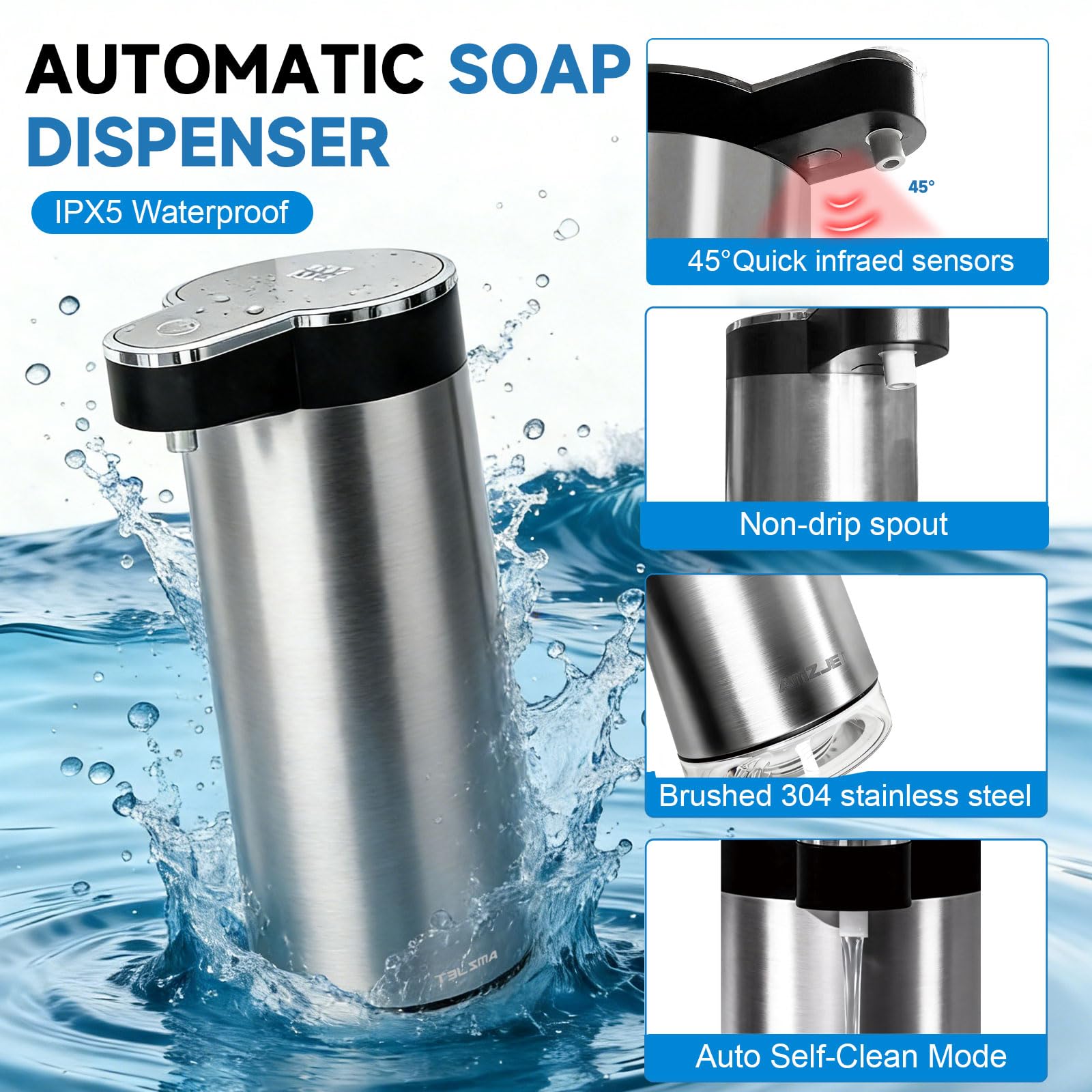 Dispenser automatico di sapone liquido, in acciaio inossidabile
