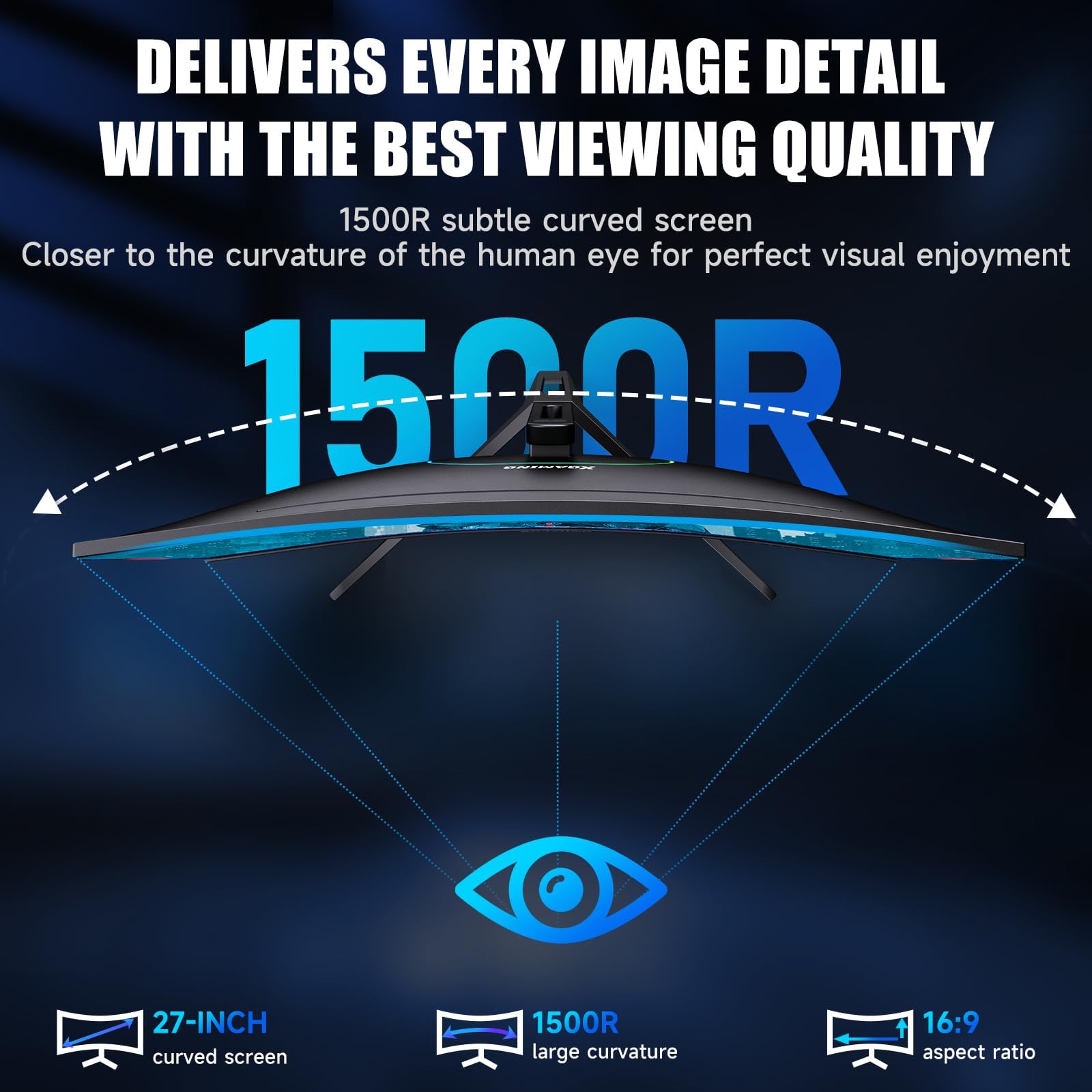 XGaming Gaming Monitor 27 Pollici Curvo (R1500) 165Hz, QHD 2560x1440,Curvo Monitor Gaming,sRGB 99%, HDR, PC Monitor, FreeSync, Flicker Free,HDMI 2.0,DisplayPort,Senza altoparlante incorporato