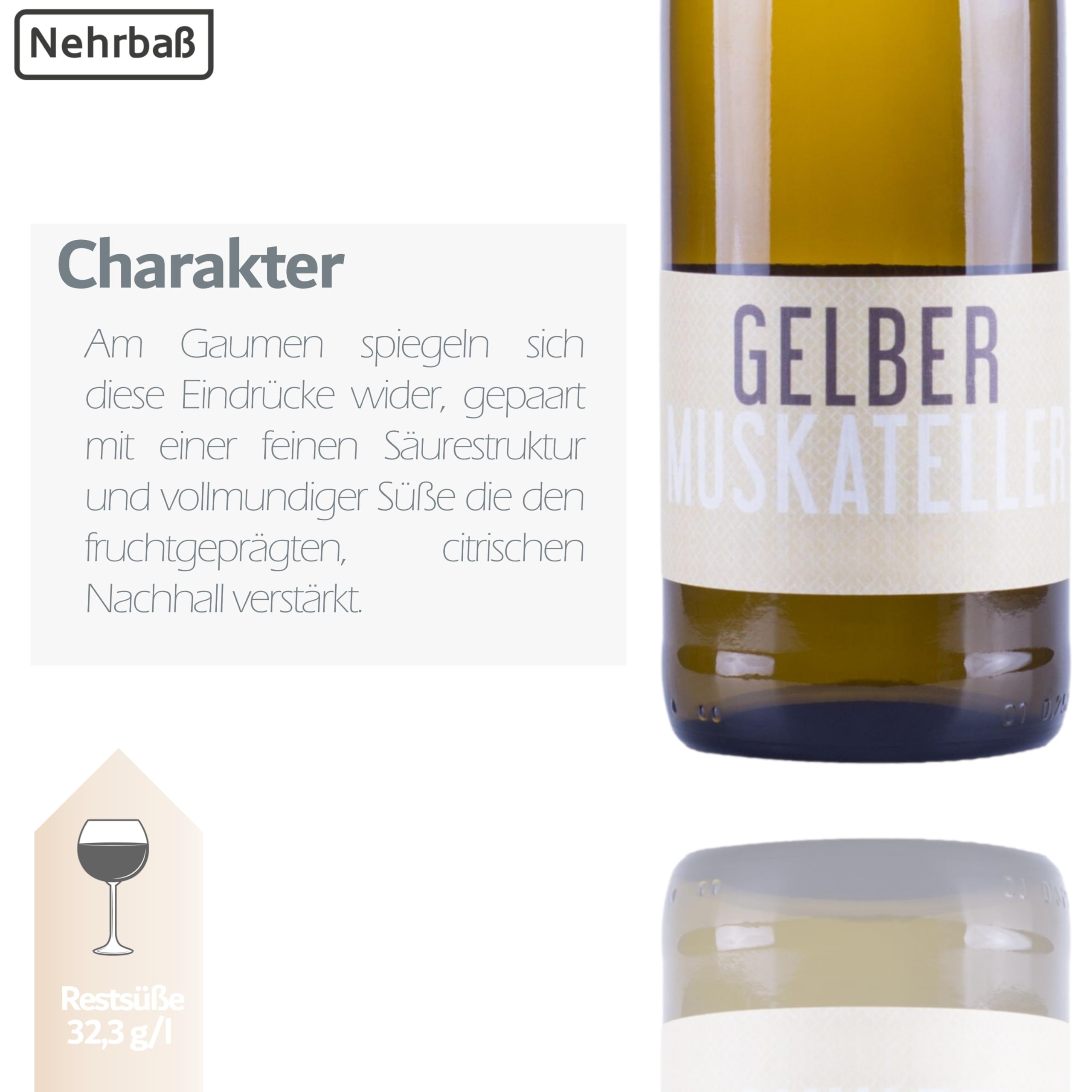 Nehrbaß - “Gelber Muskateller 2024” - Weißwein lieblich 6 x á 0,75 Liter - Vegan - Aus Deutschland (Rheinhessen) - mit Schraubverschluss - Qualitätswein