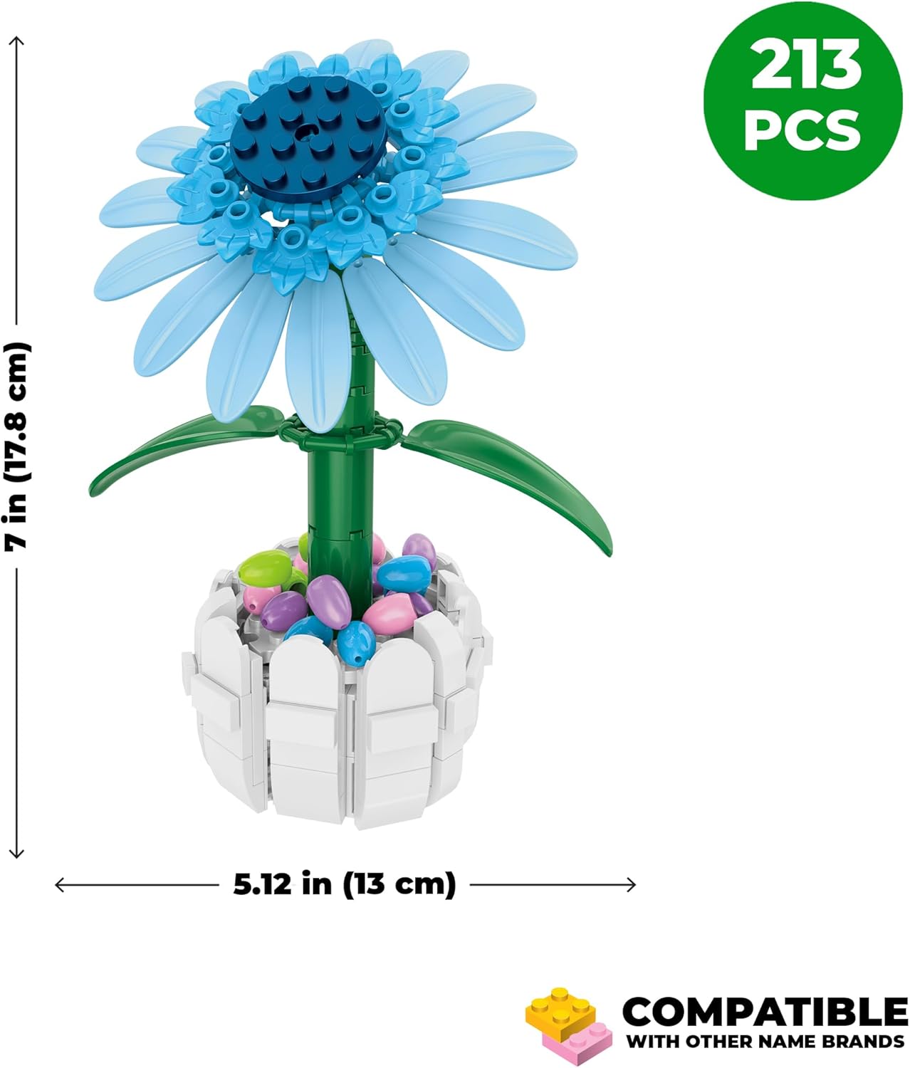 Brickcraft Bricktanicals Blue Sunflower in Picket Fence Pot Brick Building Set, 213 Piece Botanical Flower Model, Ages 8 Plus, Collectible Easter Display Set, Spring Gift for Kids and Adults