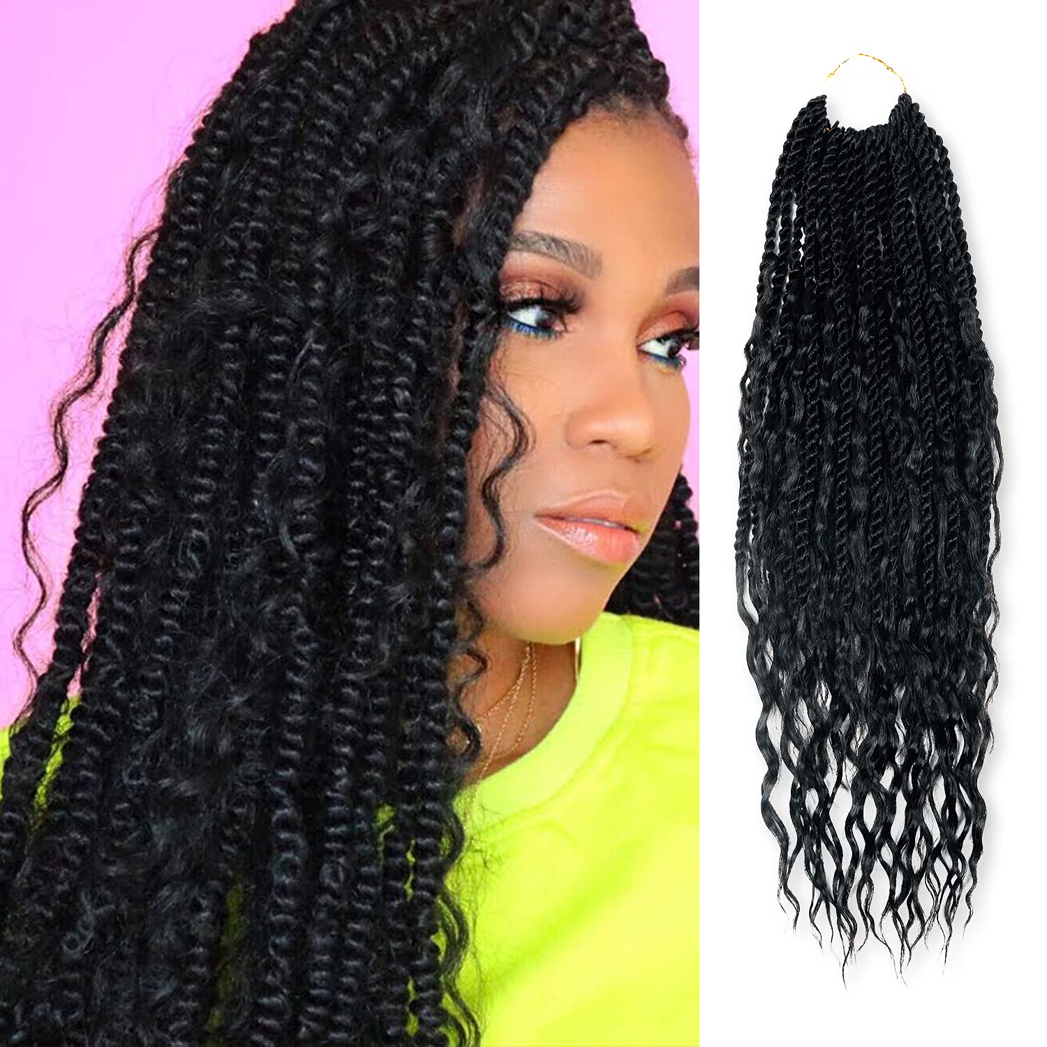 24 Inch AU-THEN-TIC Boho Goddess Senegalese Twist Crochet Hair Senegalese Crochet Braids Hair Curly Wavy Pre Looped Hair Extension (24Inch (Pack of 3), 1-Jet Black)