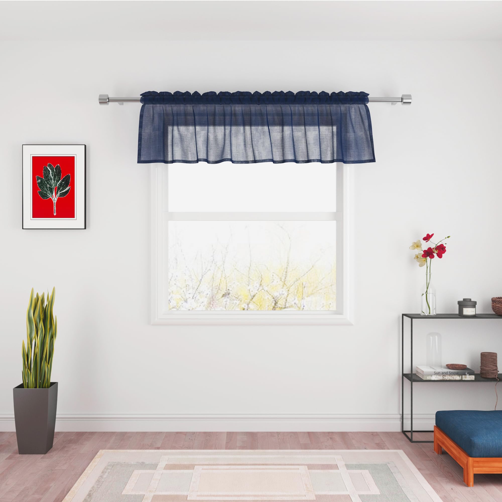 UPOPO Navy Blue Valance 14 inches Long Sheer Curtain Valence Living Room Bedroom Kitchen Over Sink Voile Transparent Valance Curtain Small Short Door