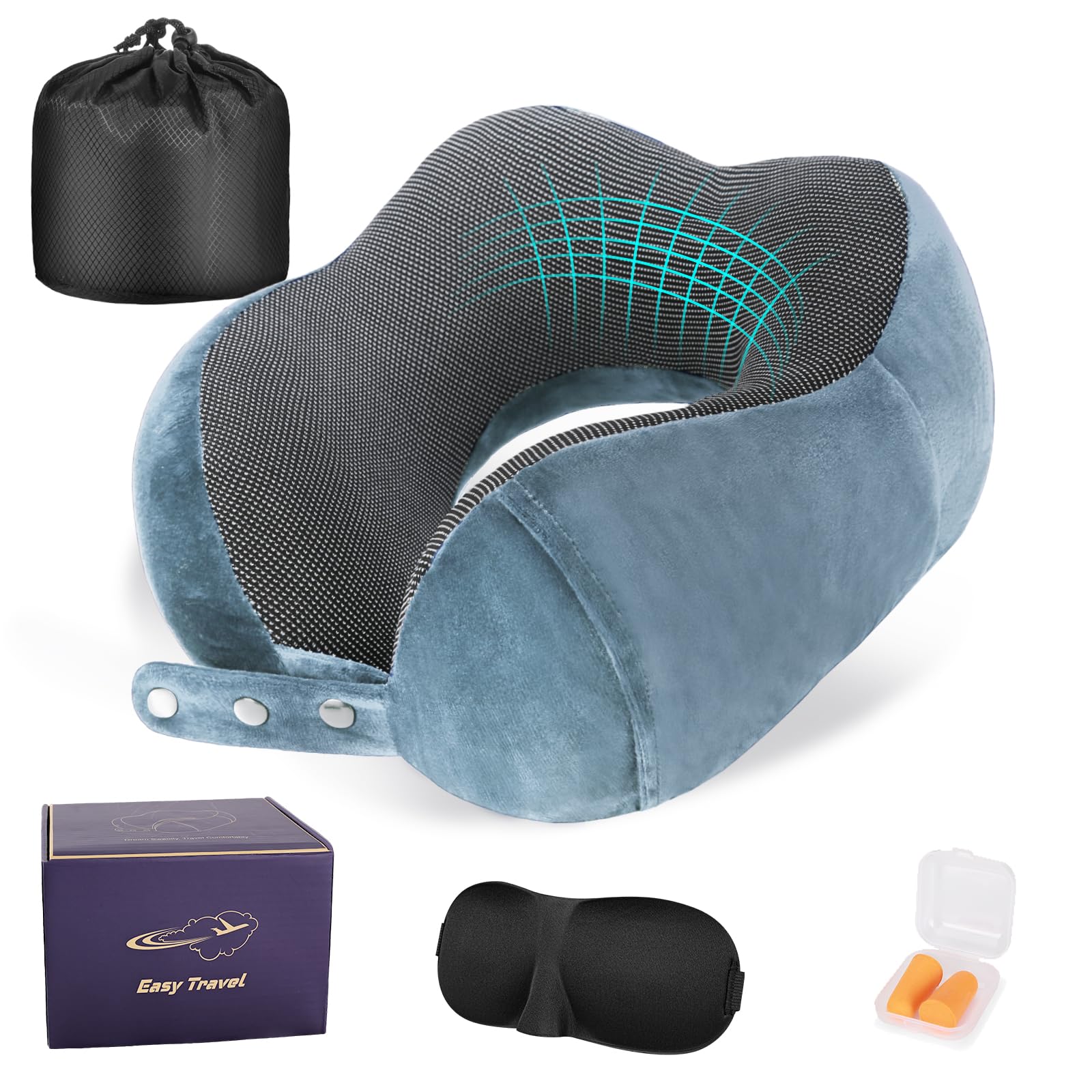 Cirorld Nackenkissen Flugzeug, Nackenhörnchen Erwachsene, Reisekissen Memory Foam, Verstellbares Kompaktes Nackenkissen Reise, Ergonomisches Weich Atmungsaktiv mit Ohrstöpseln, Augenmaske,Tragetasche