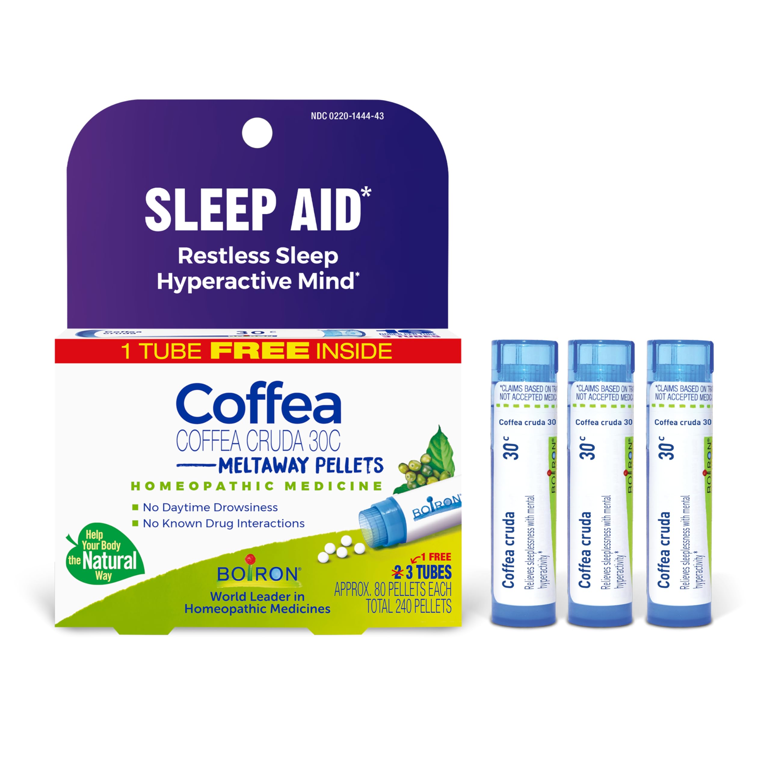 Boiron Coffea Cruda 30C Homeopathic Sleep Aid for Restless Sleep, Mental Hyperactivity, Racing Thoughts, and Difficulty Sleeping - 3 Count (240 Pellets)